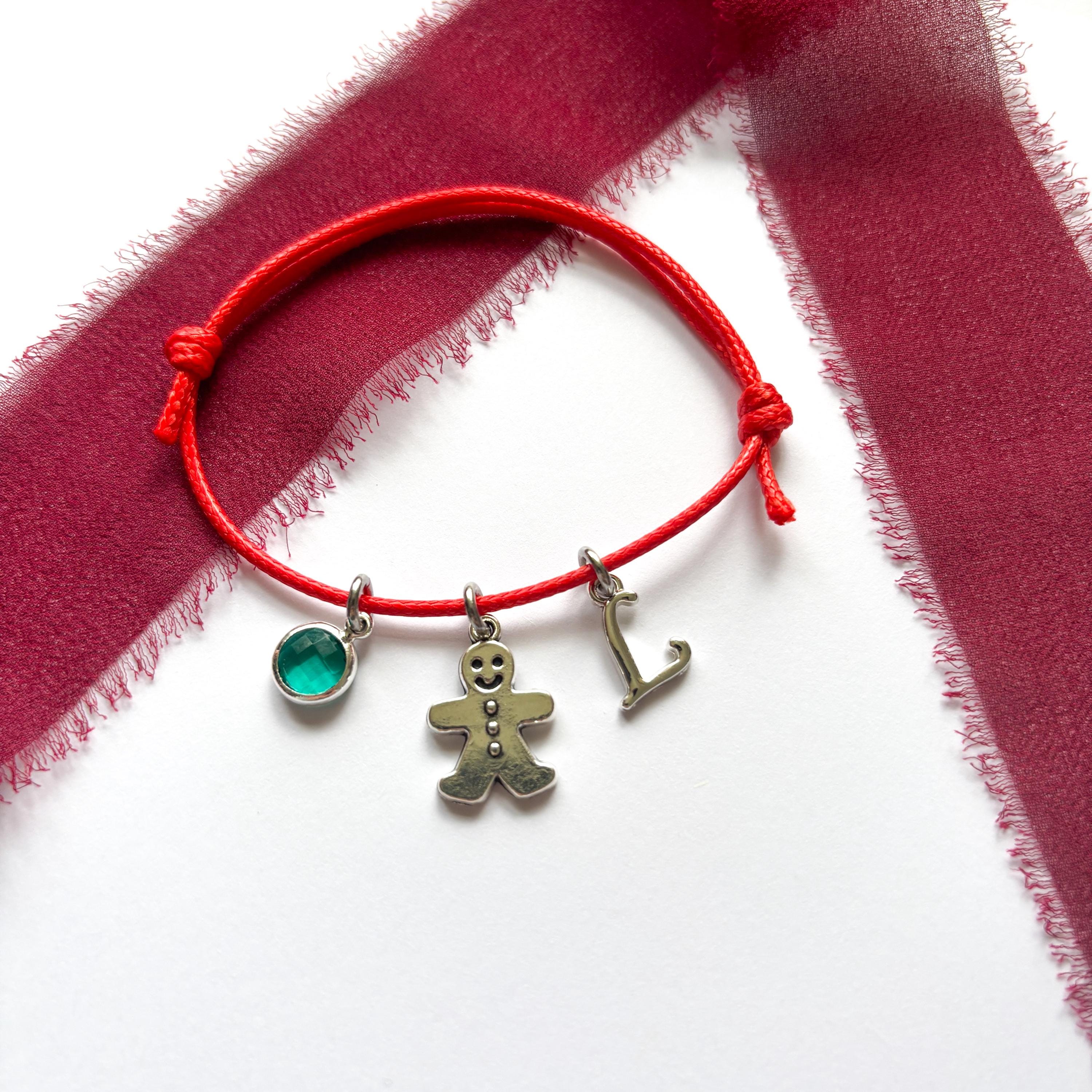 Personalised Gingerbread Man Cord Bracelet – Custom Birthstone & Initial Charm Gift – Christmas Jewellery for Her