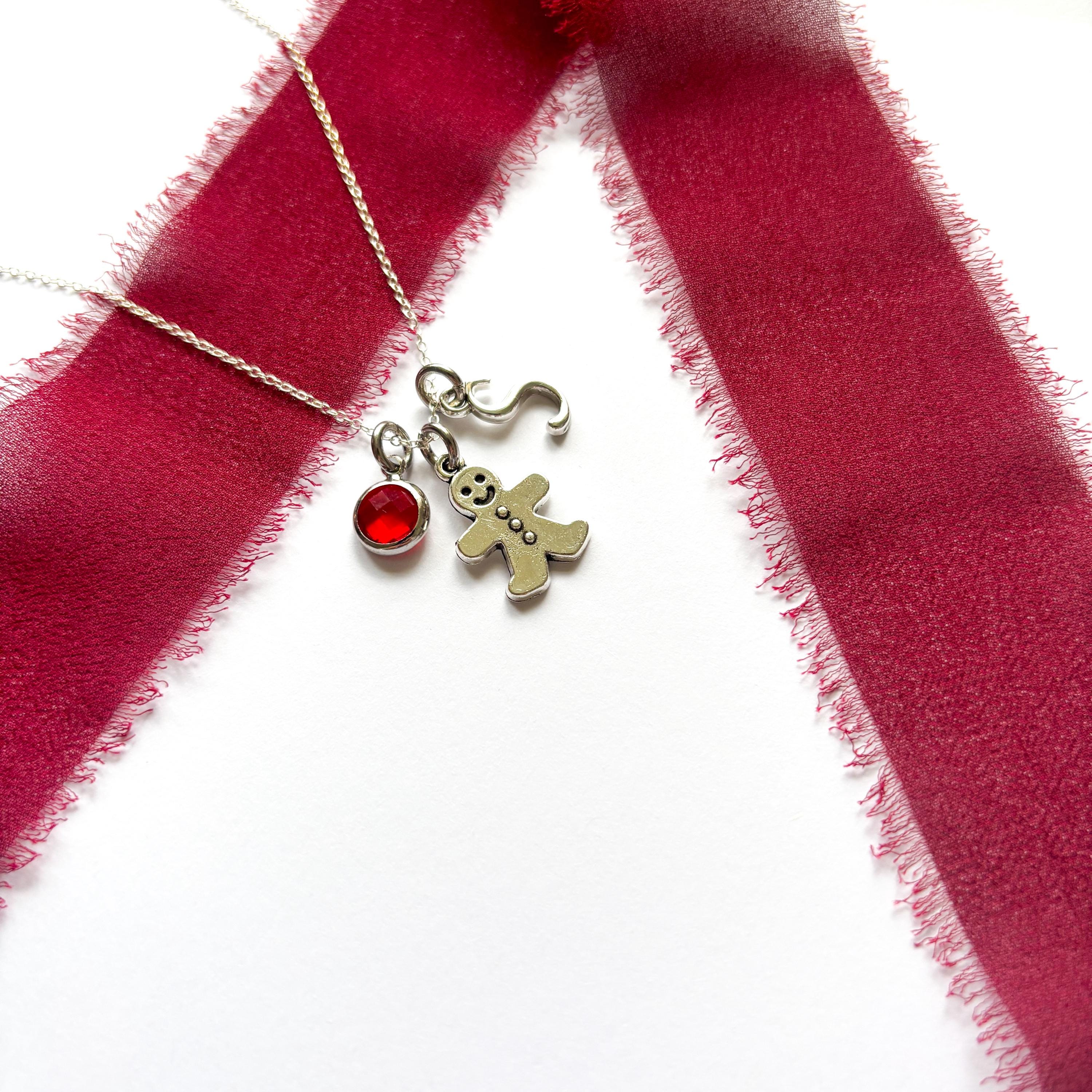Personalised Gingerbread Man Necklace – Custom Birthstone & Initial Charm – Christmas Jewellery Gift for Her, Festive Stocking Filler