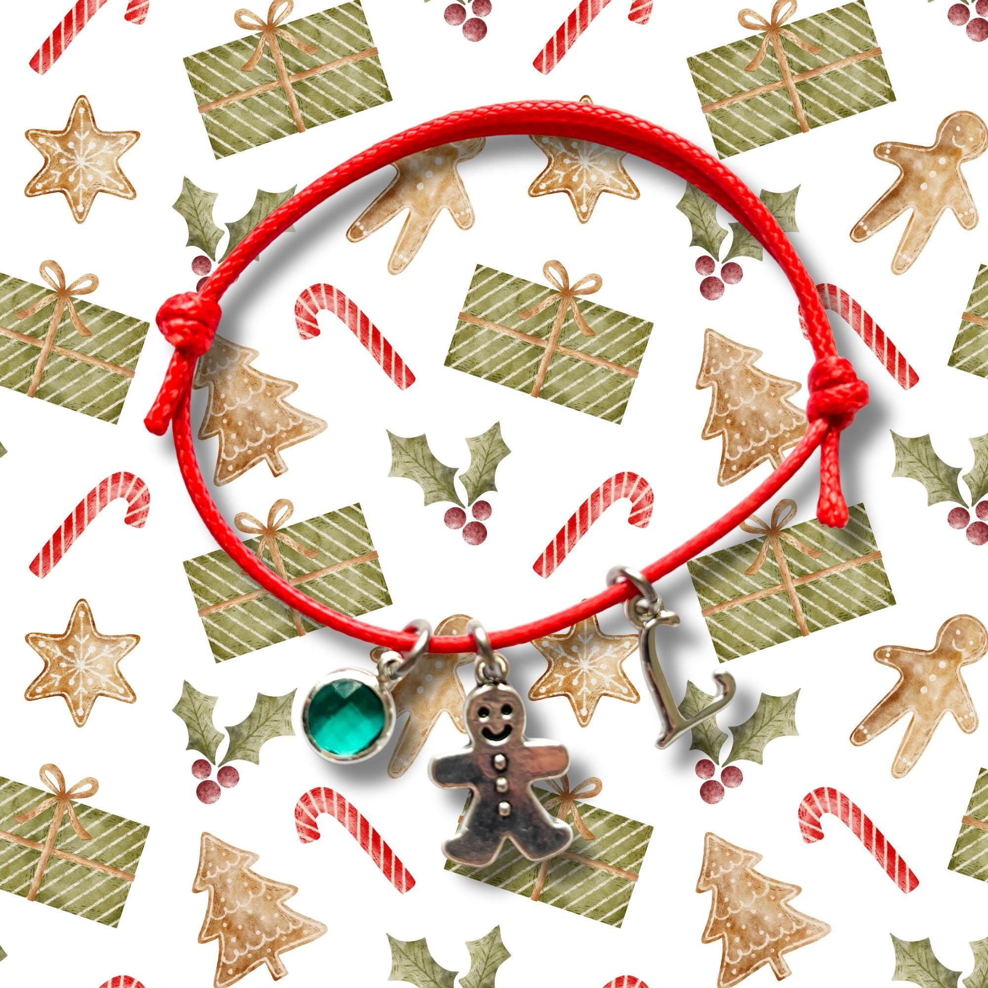 Personalised Gingerbread Man Cord Bracelet – Custom Birthstone & Initial Charm Gift – Christmas Jewellery for Her