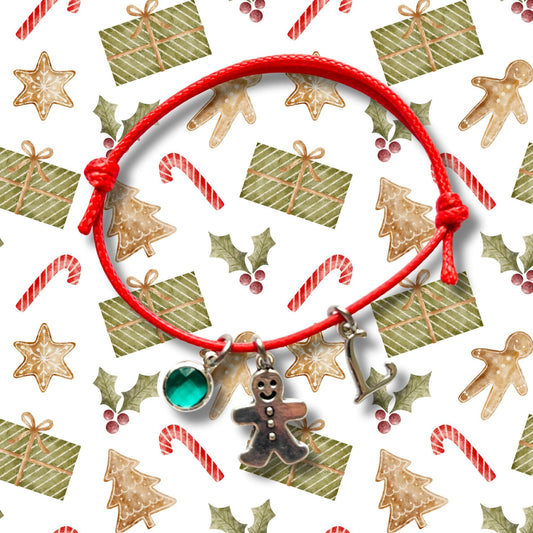 Personalised Gingerbread Man Cord Bracelet – Custom Birthstone & Initial Charm Gift – Christmas Jewellery for Her