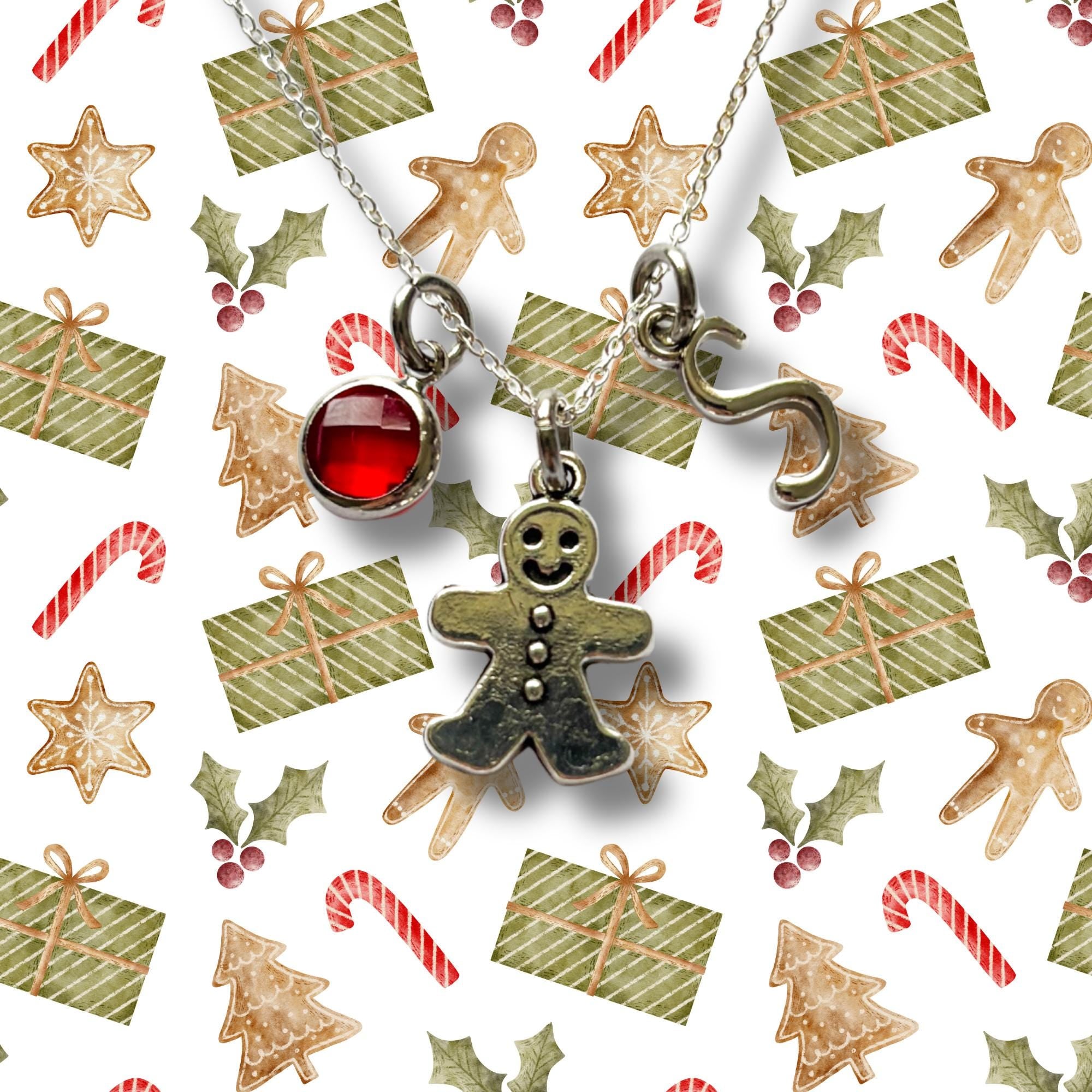 Personalised Gingerbread Man Necklace – Custom Birthstone & Initial Charm – Christmas Jewellery Gift for Her, Festive Stocking Filler