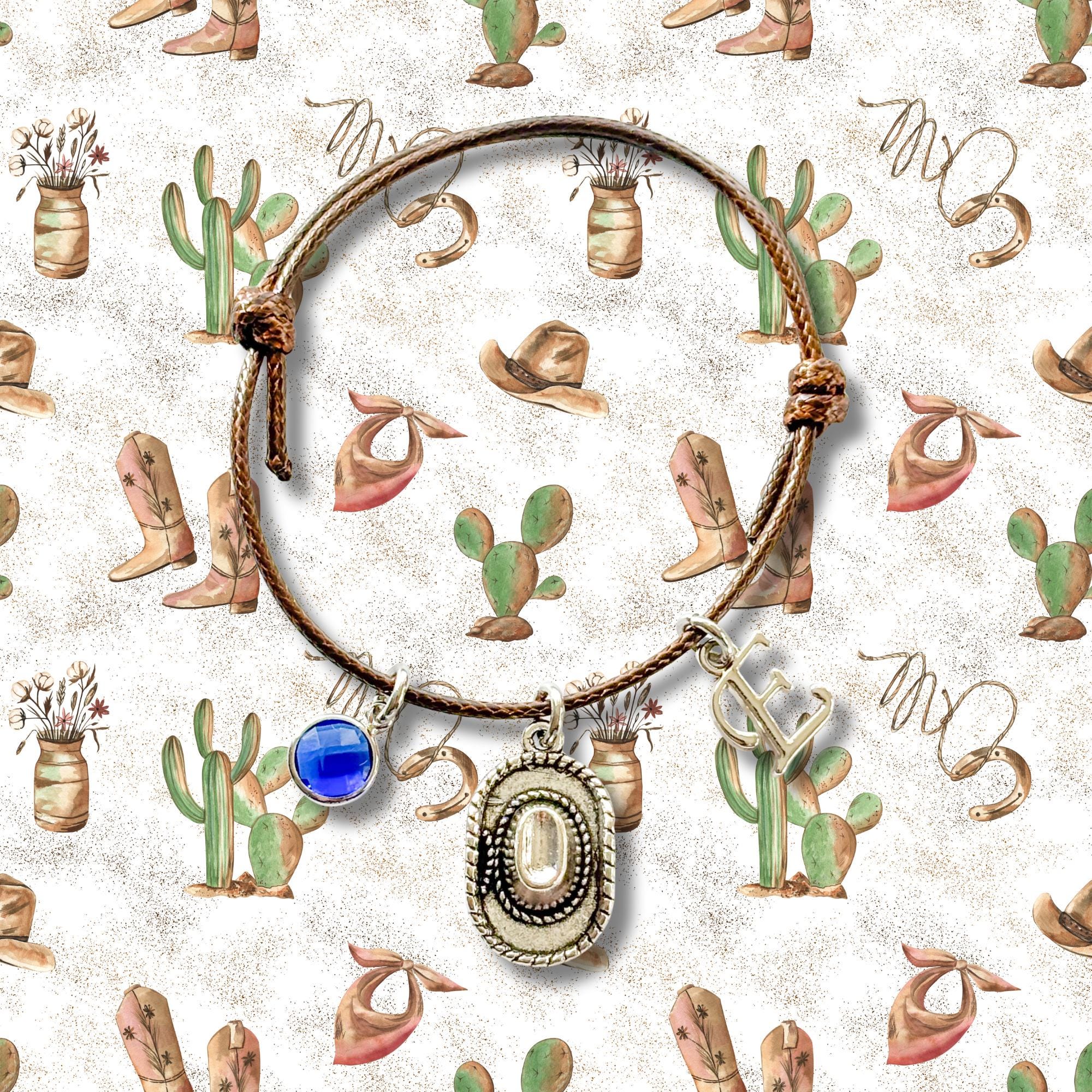 Cowboy Hat Bracelet – Personalised Waxed Cord Jewellery with Birthstone & Letter, Cowgirl Gift