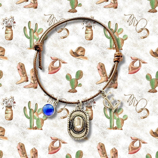 Cowboy Hat Bracelet – Personalised Waxed Cord Jewellery with Birthstone & Letter, Cowgirl Gift