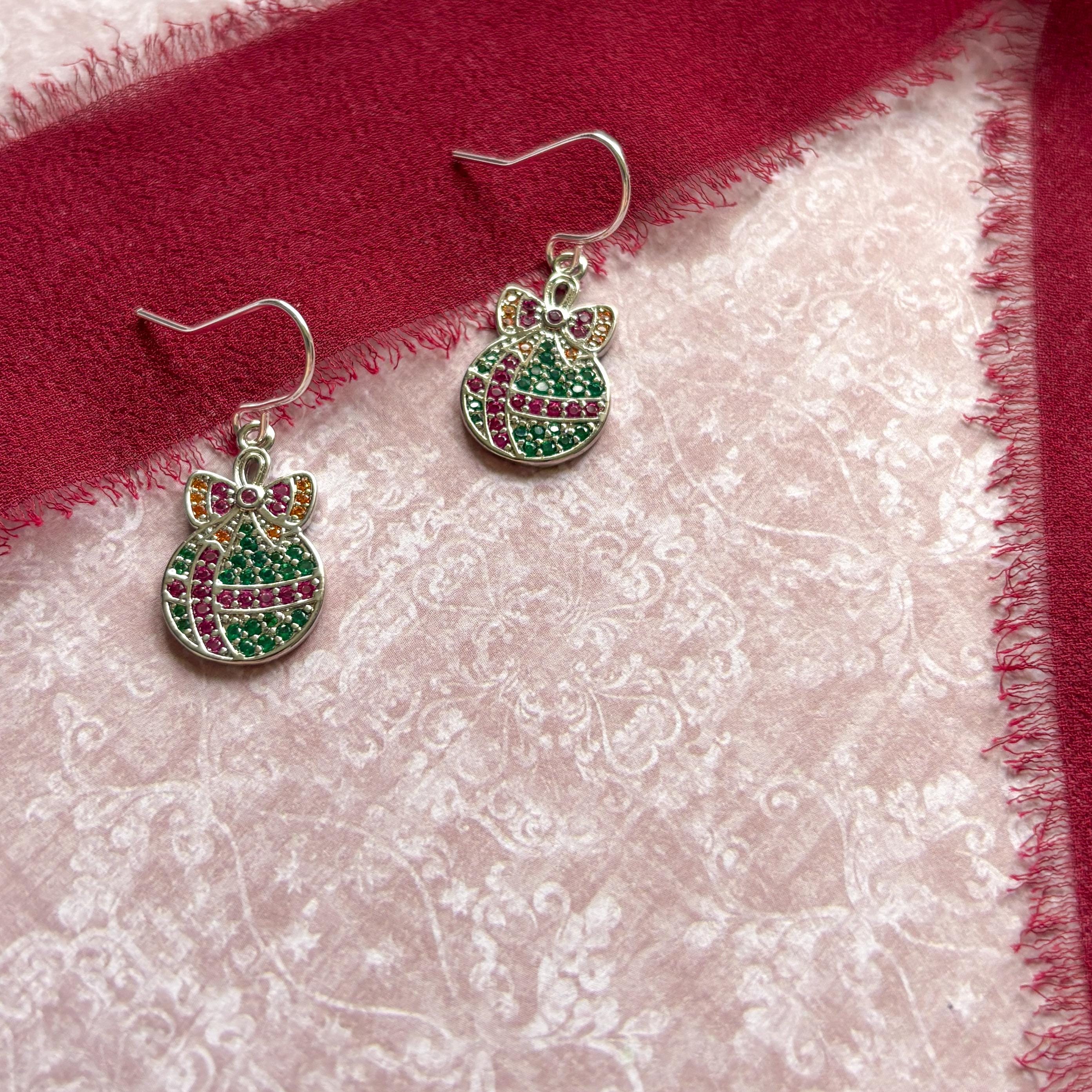 Bauble Christmas Earrings – Bow earring, sparkly Holiday Dangle Jewellery, Festive Gift for Her, Christmas Party Accessories, Multicolour CZ