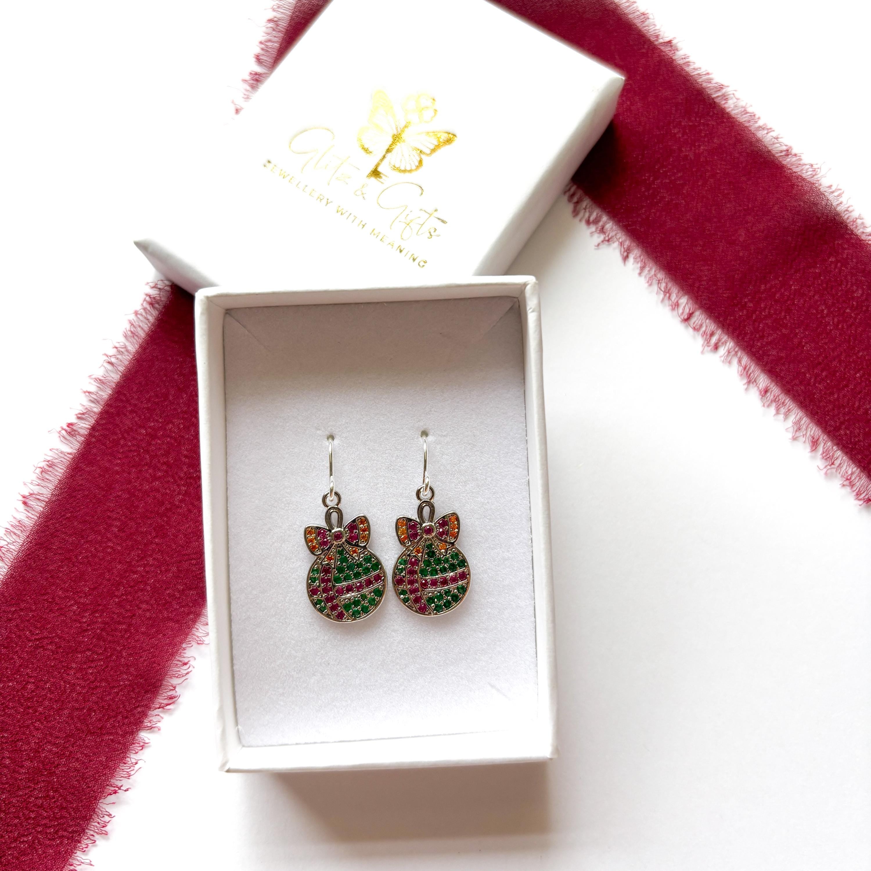 Bauble Christmas Earrings – Bow earring, sparkly Holiday Dangle Jewellery, Festive Gift for Her, Christmas Party Accessories, Multicolour CZ