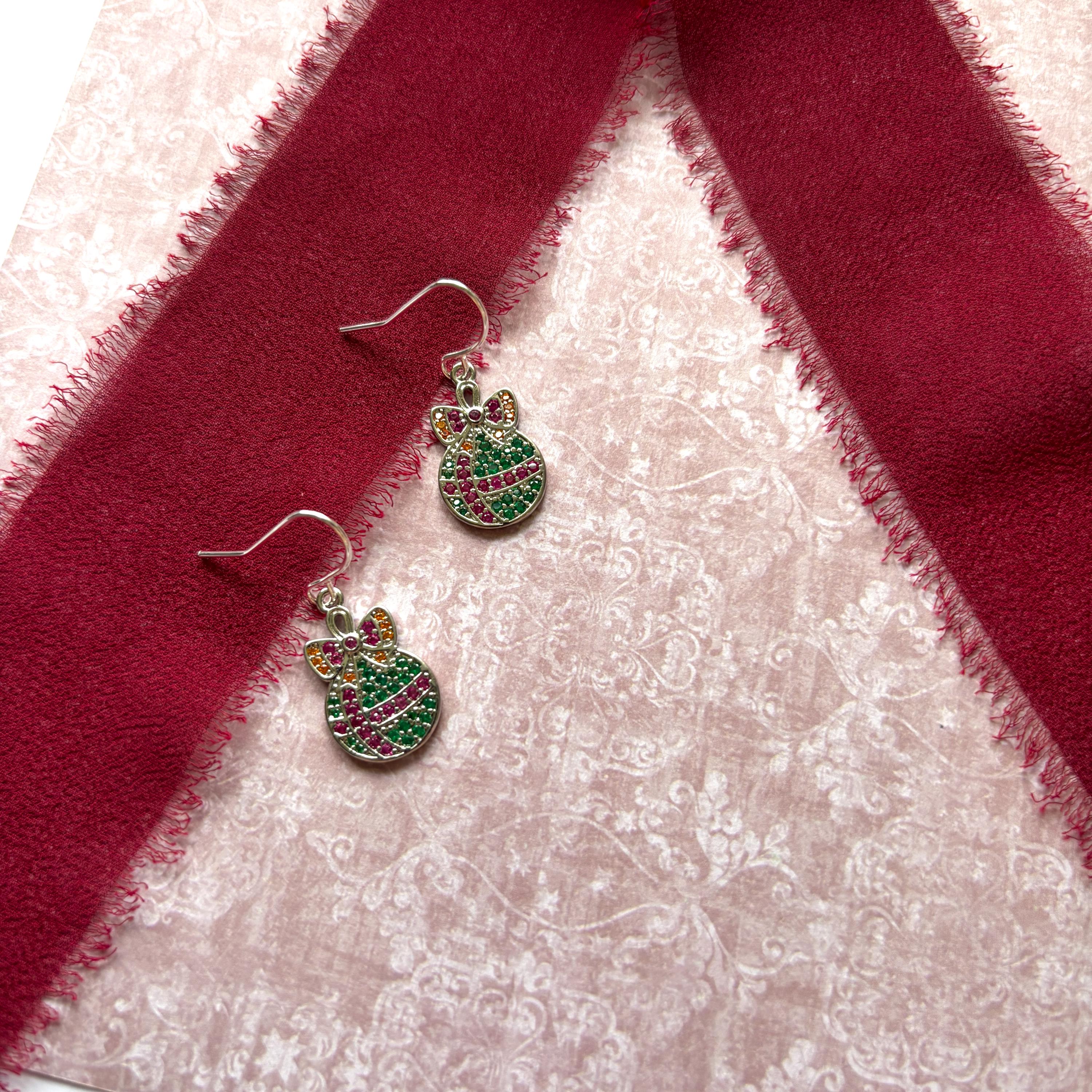 Bauble Christmas Earrings – Bow earring, sparkly Holiday Dangle Jewellery, Festive Gift for Her, Christmas Party Accessories, Multicolour CZ