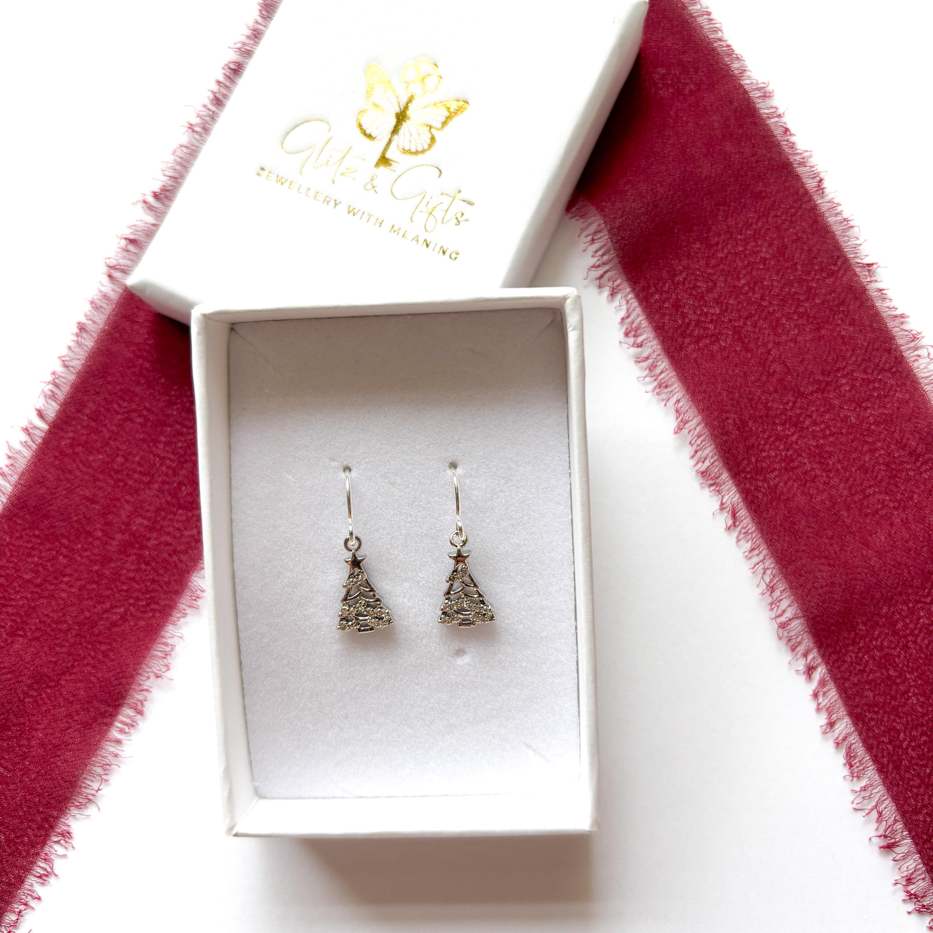 CZ Christmas Tree Earrings – Sparkly Festive Jewellery Gift for Her, Festive Dangle Earrings, Christmas Accessories