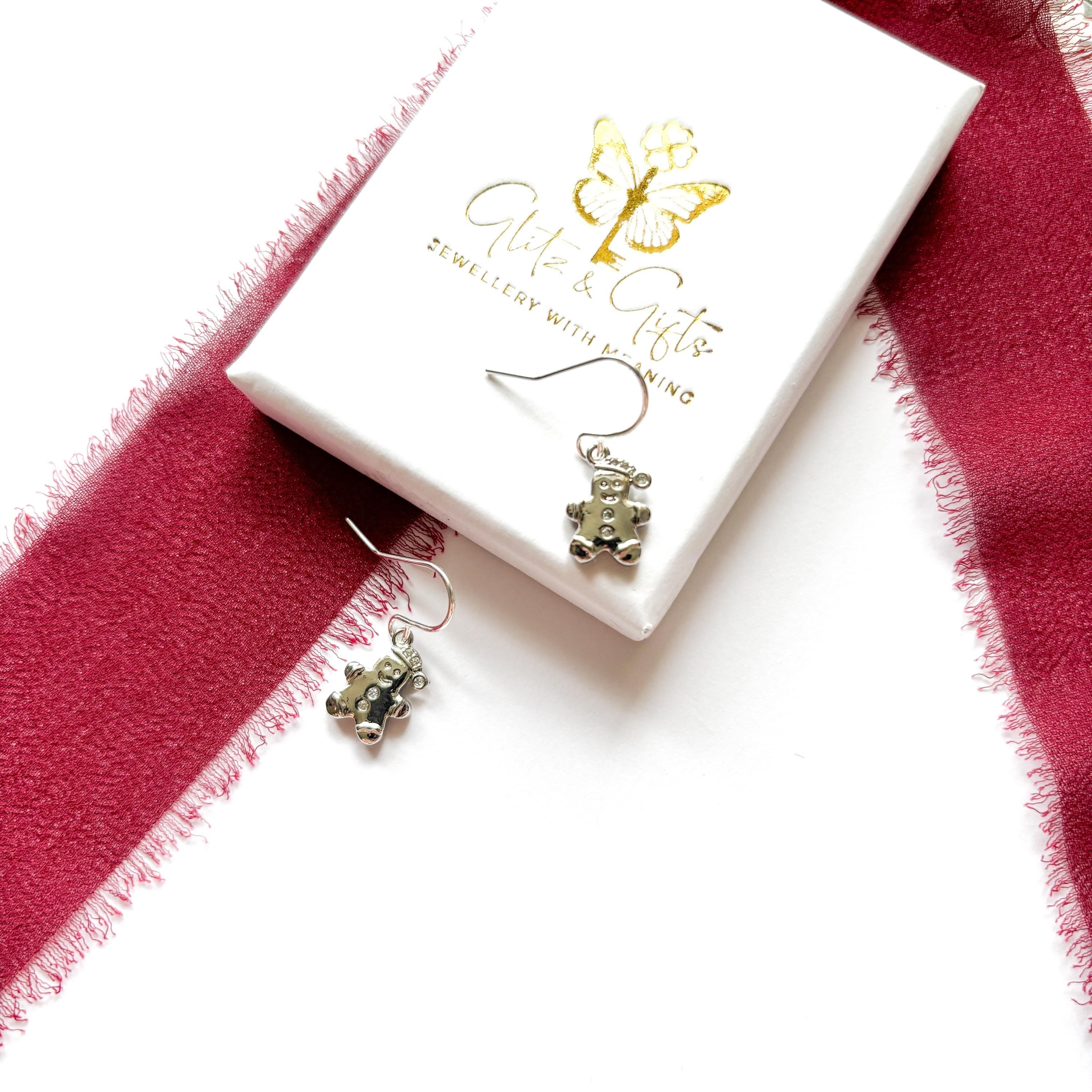 Gingerbread Man Earrings with CZ Sparkle, Christmas Earrings, Festive Holiday Jewellery Gift, Cute Gingerbread Jewellery for Women