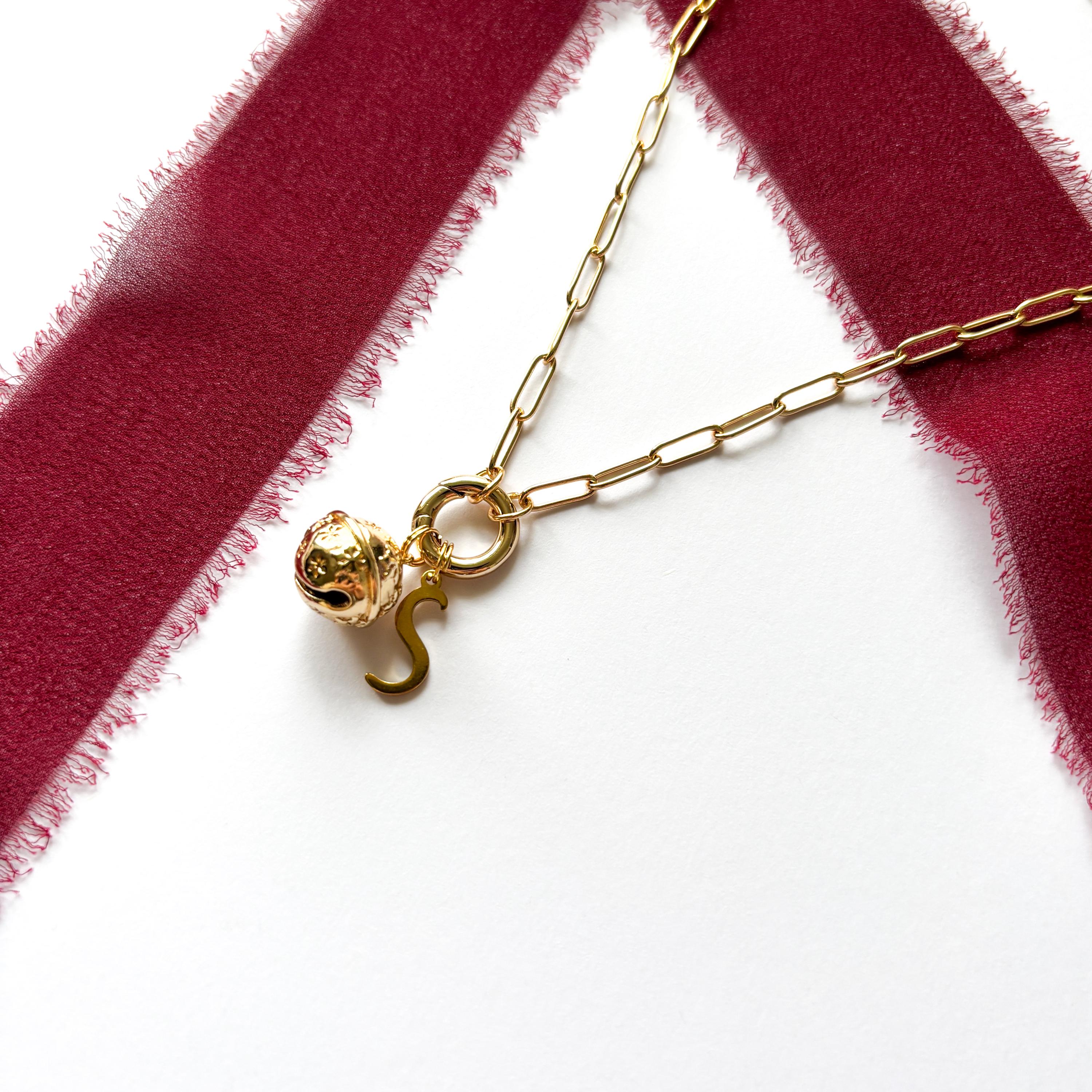 Personalised Christmas Bell Necklace, Letter Charm, Paperclip Chain with Lobster & Spring Ring Clasps, Festive Jewellery