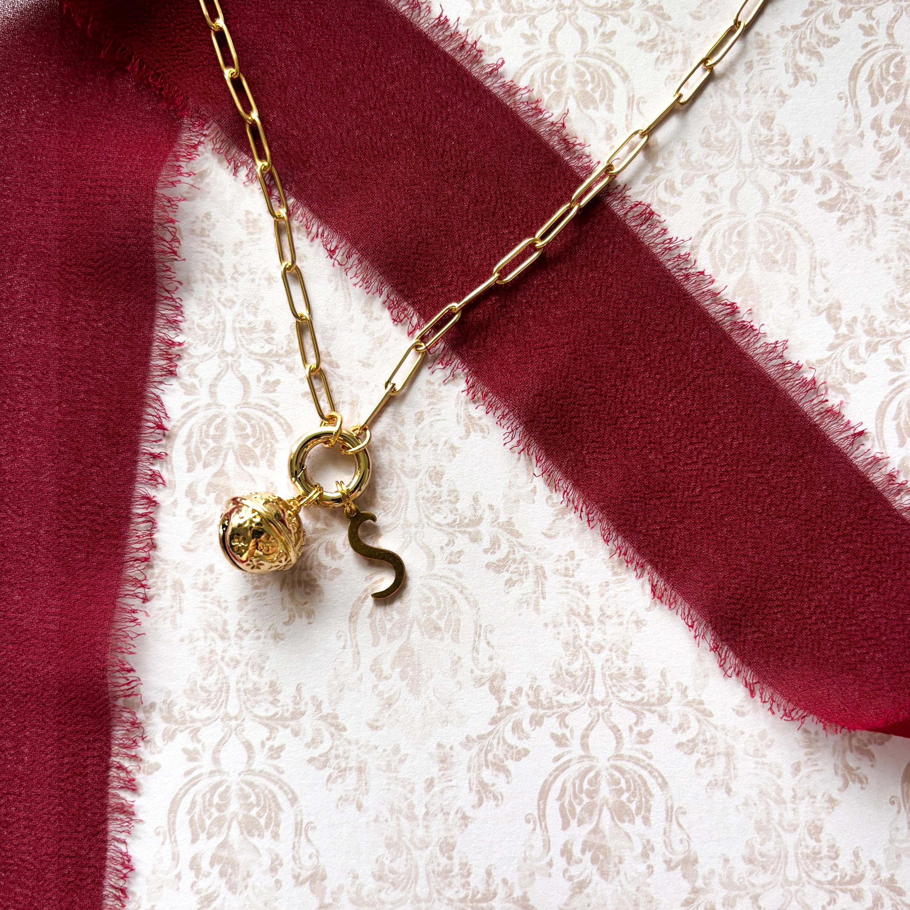 Personalised Christmas Bell Necklace, Letter Charm, Paperclip Chain with Lobster & Spring Ring Clasps, Festive Jewellery