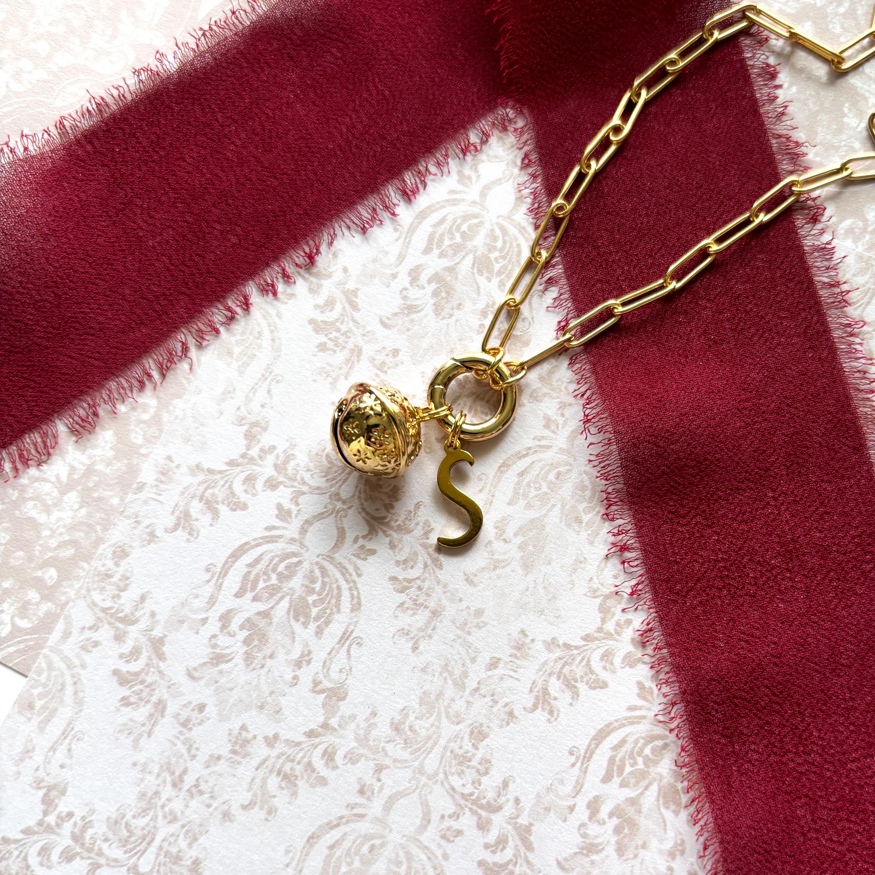 Personalised Christmas Bell Necklace, Letter Charm, Paperclip Chain with Lobster & Spring Ring Clasps, Festive Jewellery