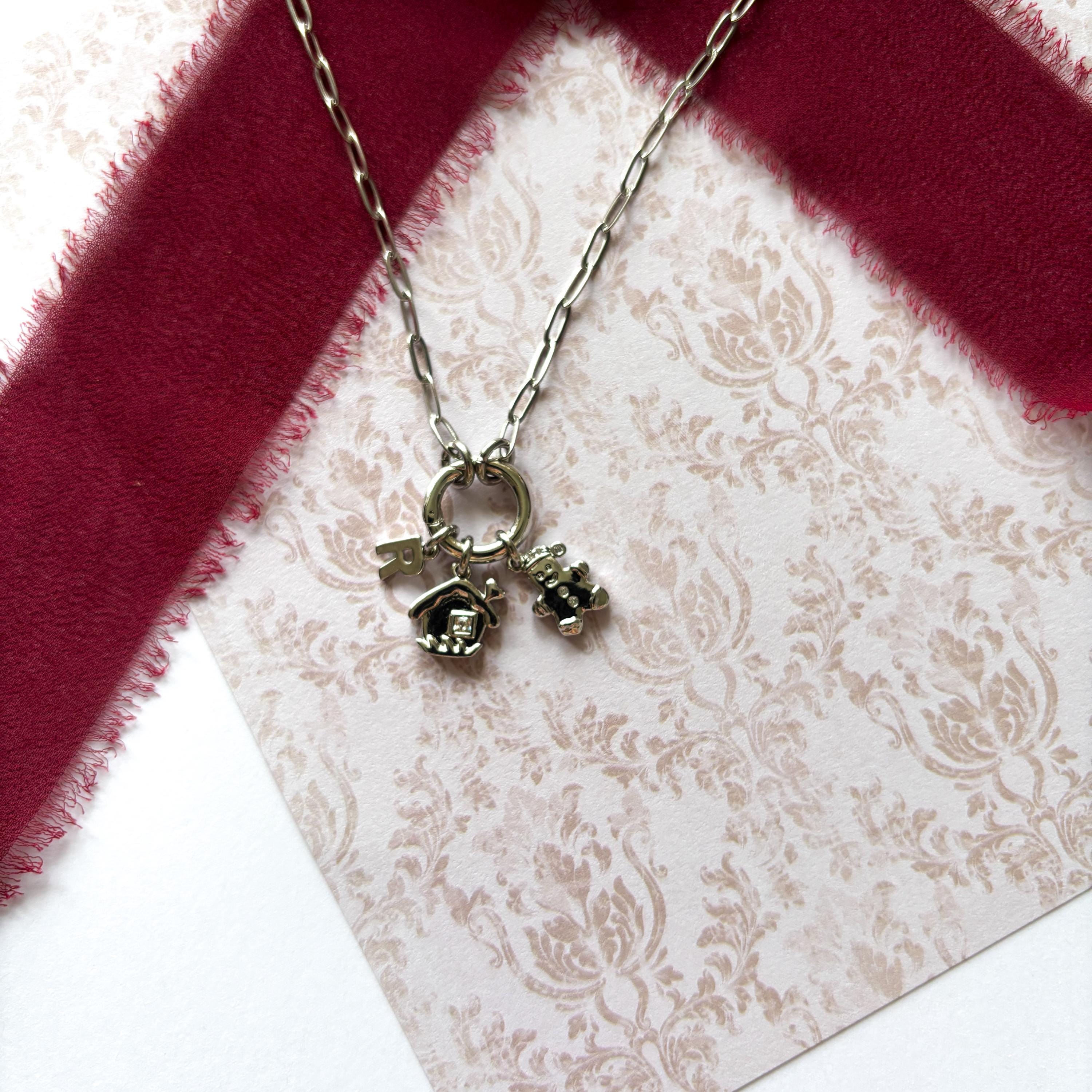 Personalised Gingerbread Christmas Necklace, Gingerbread Man & House, Paperclip Chain with Spring Ring Clasp, Personalised Gift