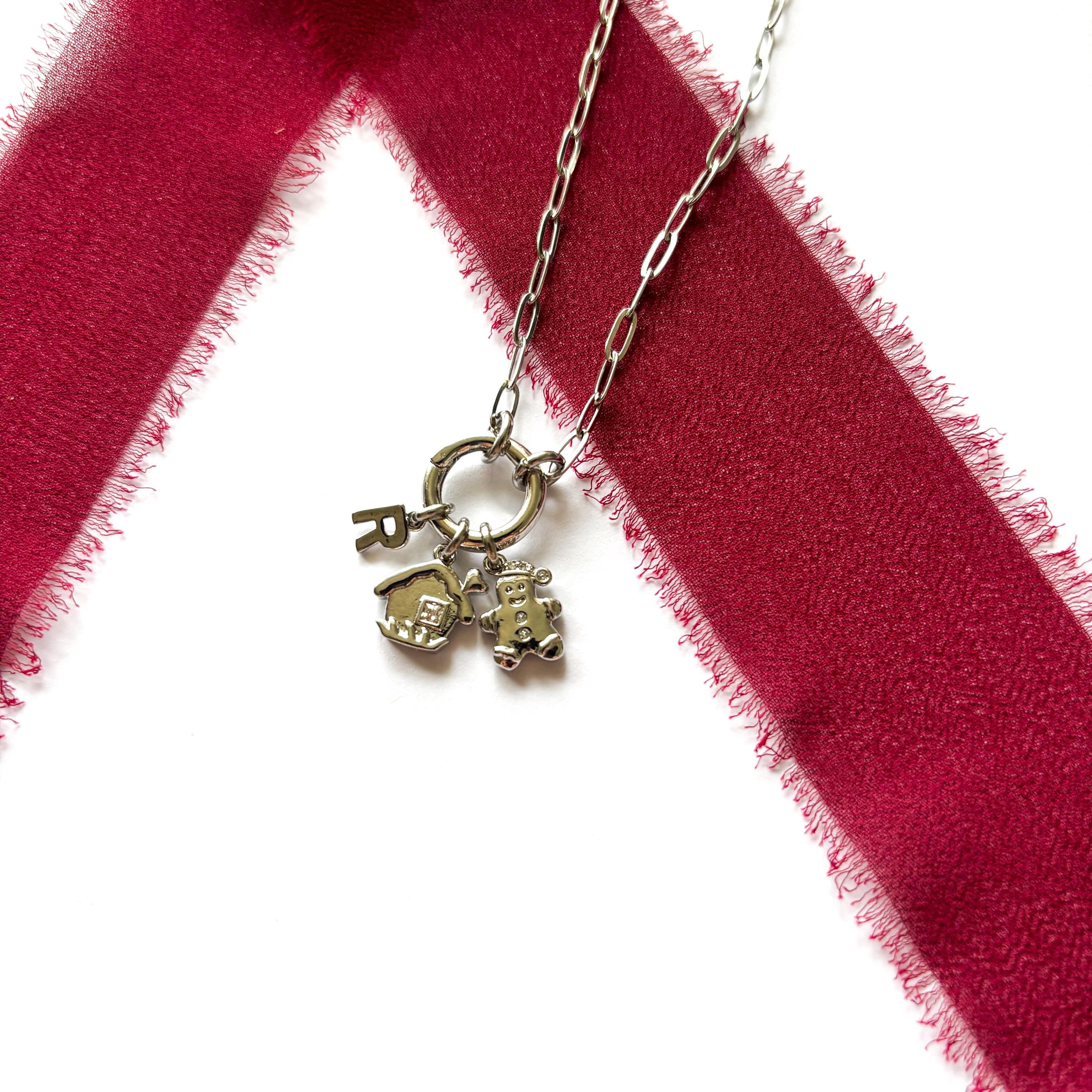 Personalised Gingerbread Christmas Necklace, Gingerbread Man & House, Paperclip Chain with Spring Ring Clasp, Personalised Gift