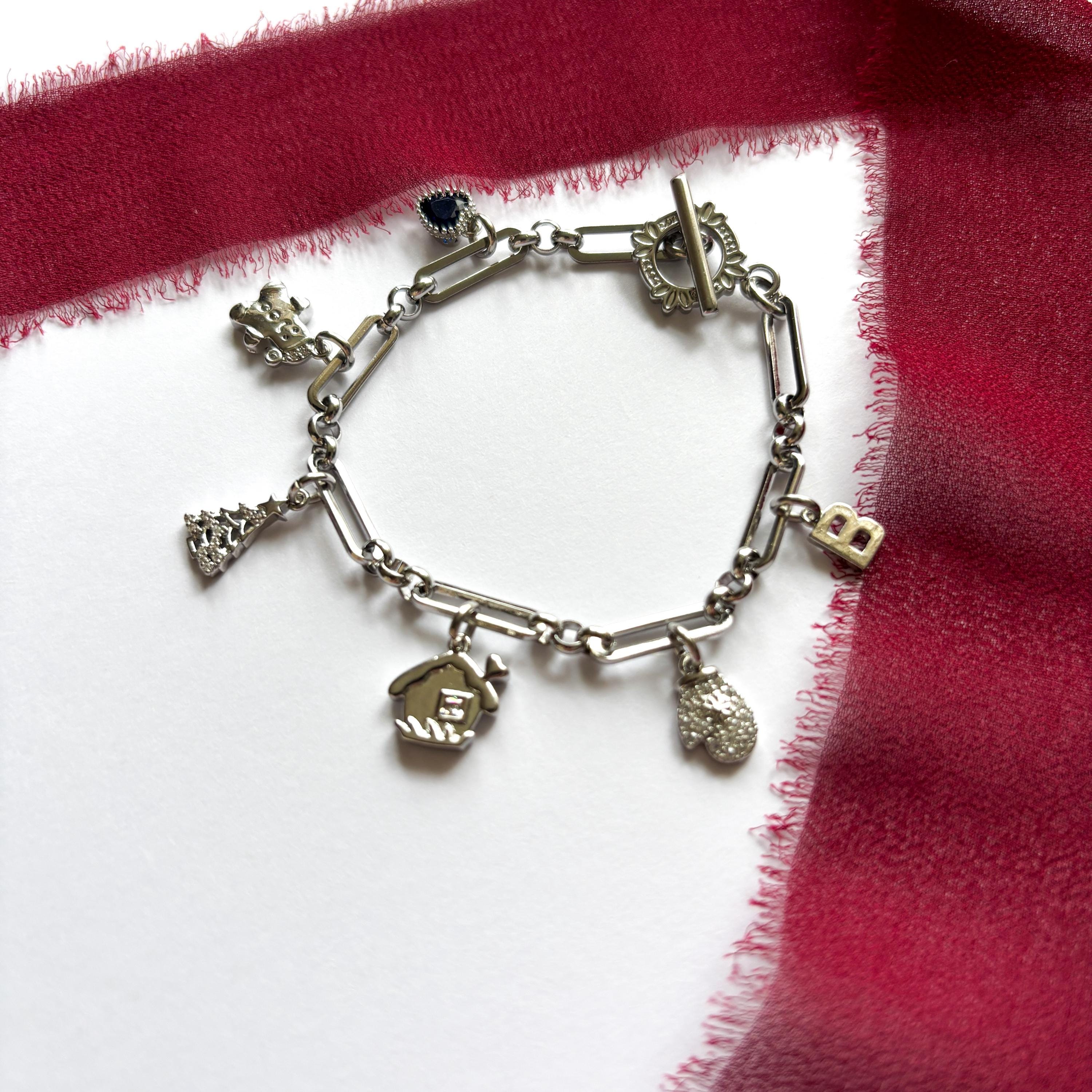 Personalised Christmas Charm Bracelet, Gingerbread Man, House and Tree Charms, Birthstone & Initial, Festive Holiday Jewellery