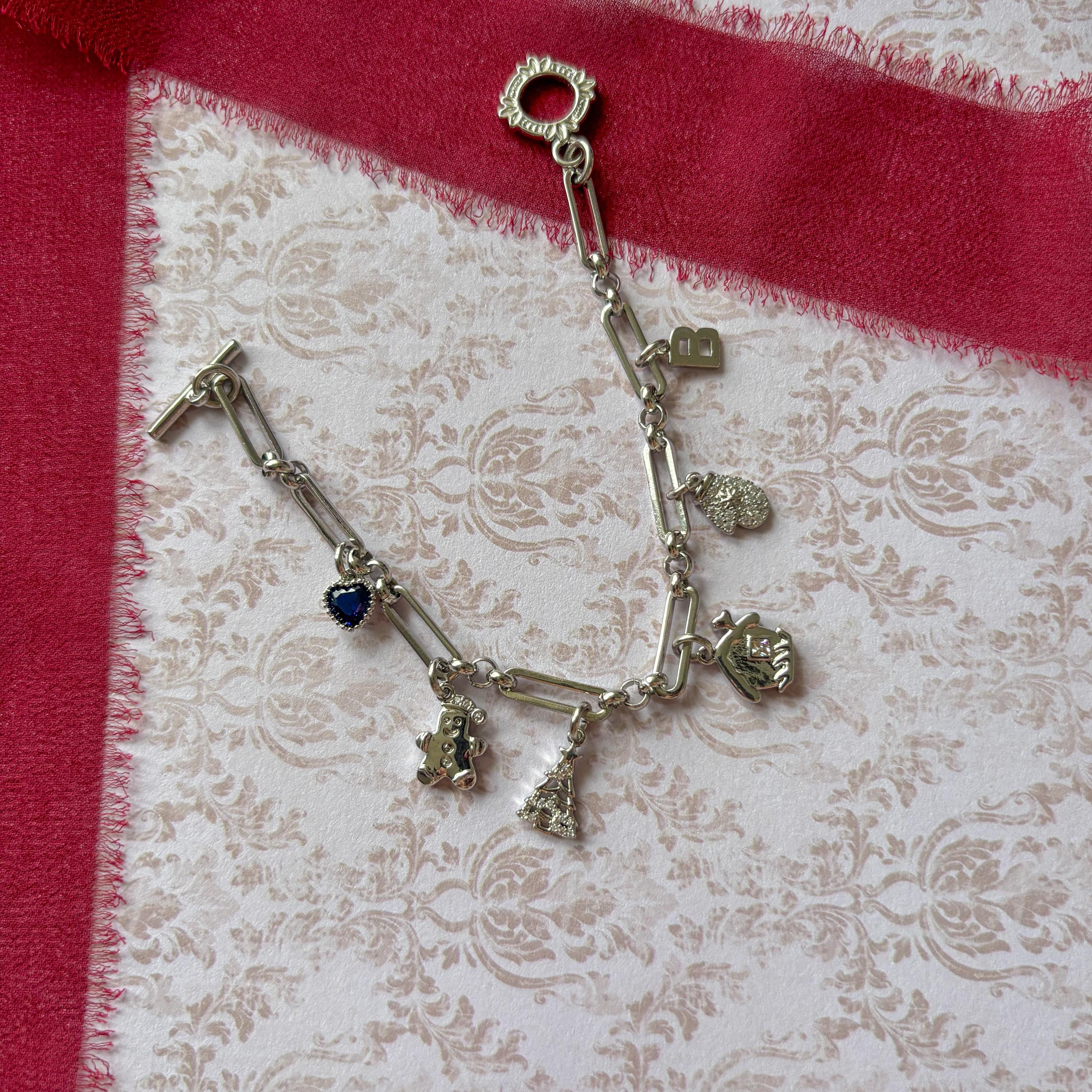 Personalised Christmas Charm Bracelet, Gingerbread Man, House and Tree Charms, Birthstone & Initial, Festive Holiday Jewellery