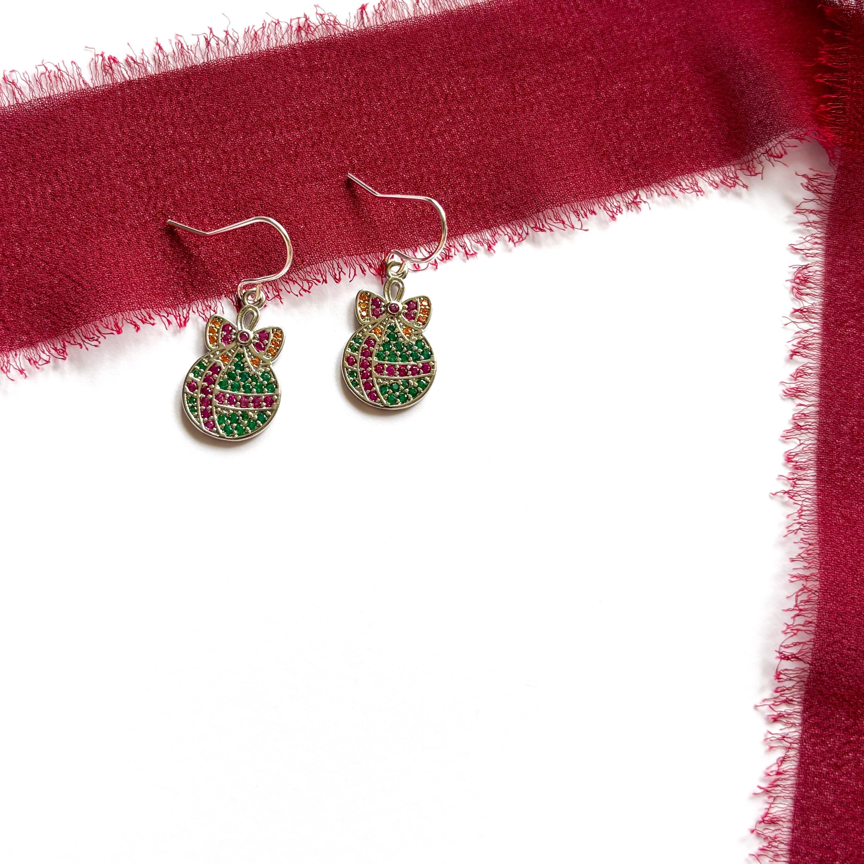 Bauble Christmas Earrings – Bow earring, sparkly Holiday Dangle Jewellery, Festive Gift for Her, Christmas Party Accessories, Multicolour CZ