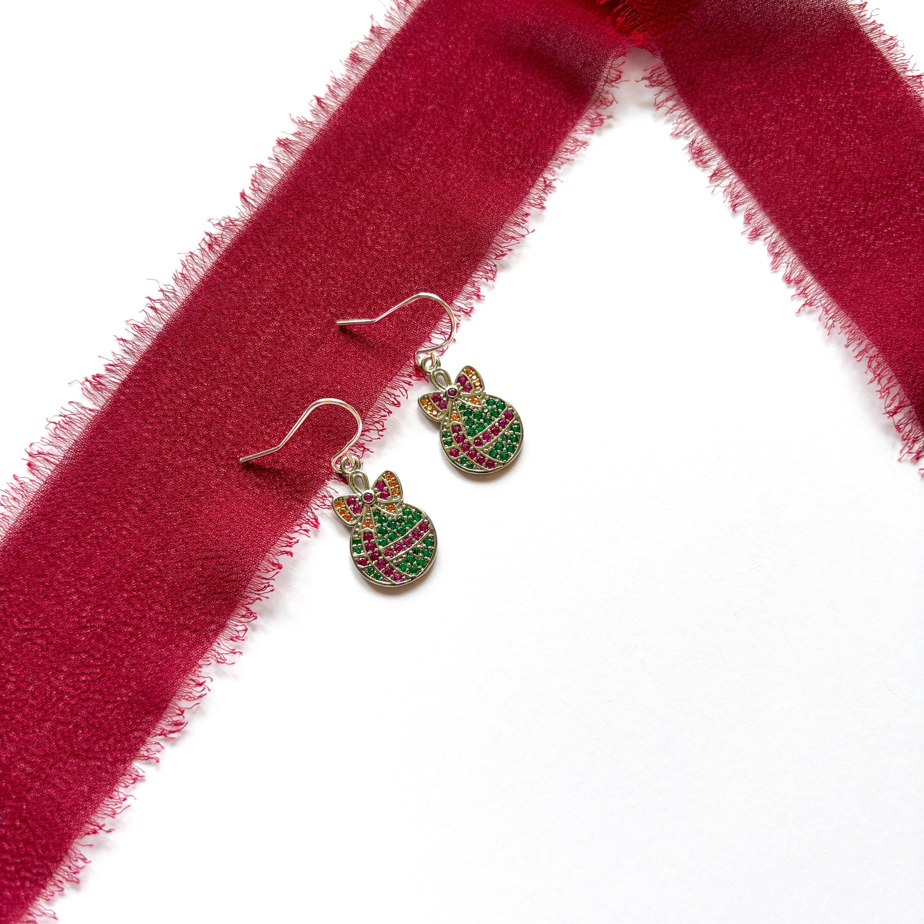 Bauble Christmas Earrings – Bow earring, sparkly Holiday Dangle Jewellery, Festive Gift for Her, Christmas Party Accessories, Multicolour CZ