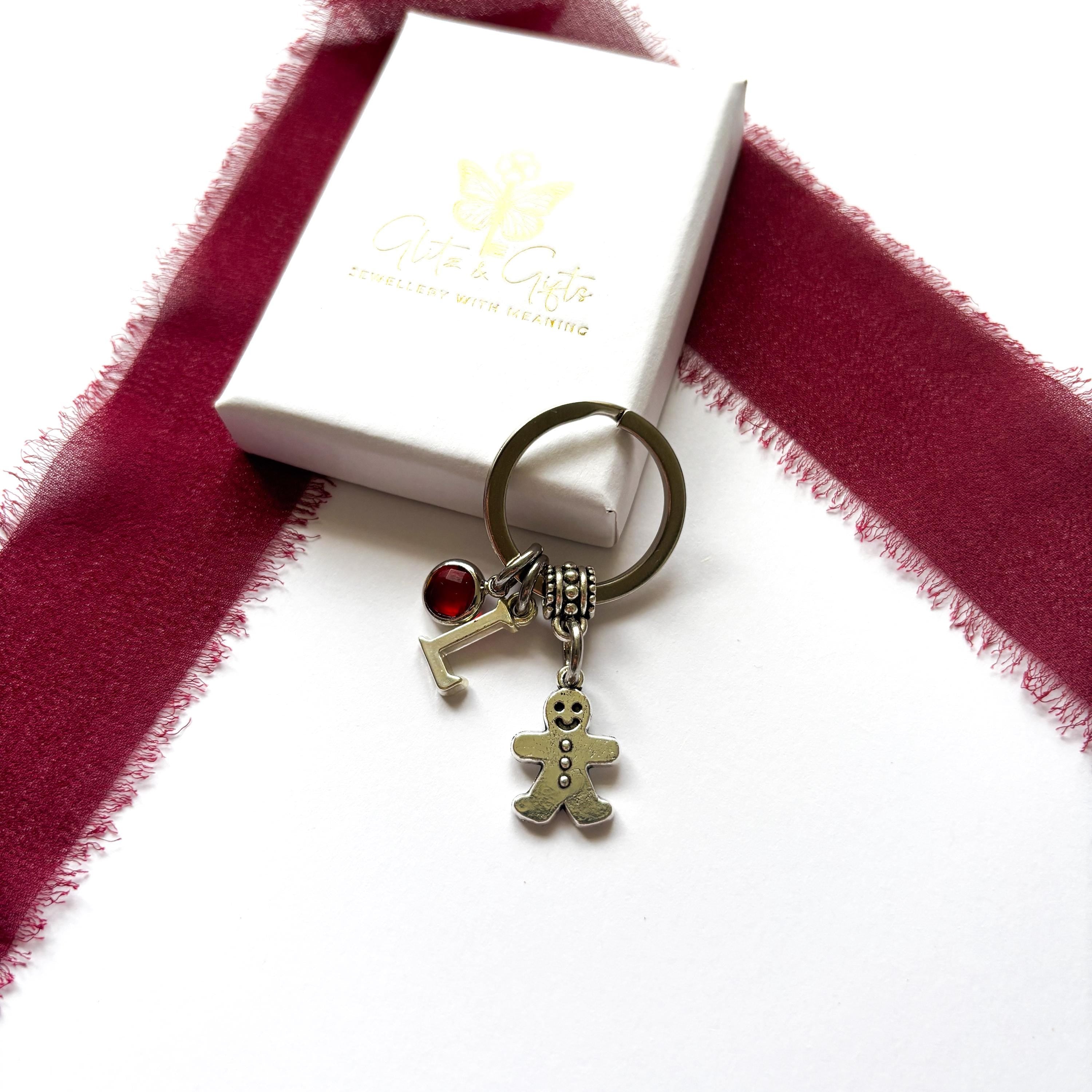 Personalised Gingerbread Keyring – Custom Birthstone & Initial Charm, Christmas Gift for Her, Cute Gingerbread Man Keychain, Stocking Filler