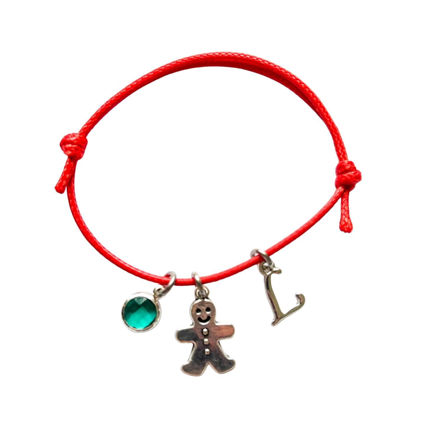 Personalised Gingerbread Man Cord Bracelet – Custom Birthstone & Initial Charm Gift – Christmas Jewellery for Her