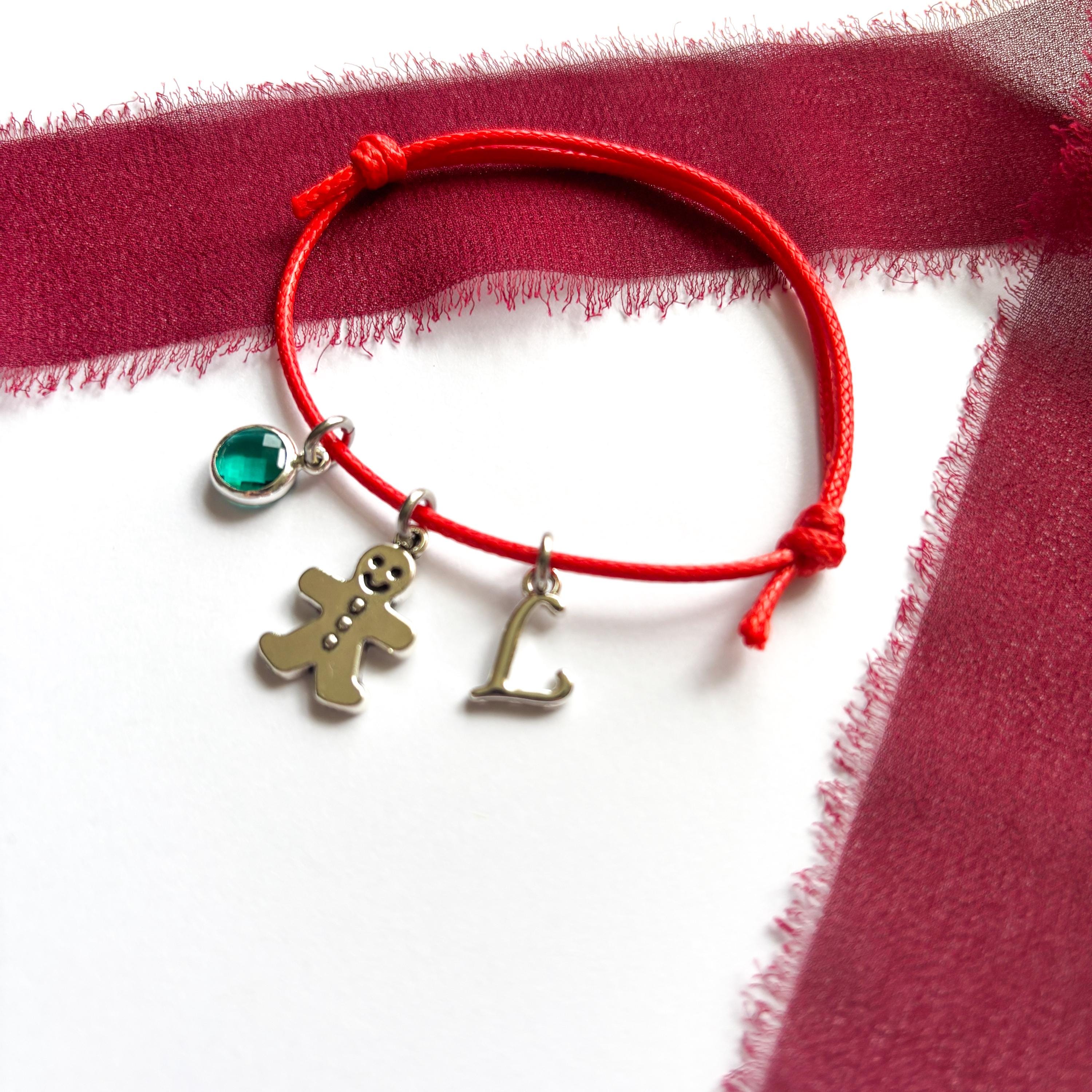 Personalised Gingerbread Man Cord Bracelet – Custom Birthstone & Initial Charm Gift – Christmas Jewellery for Her