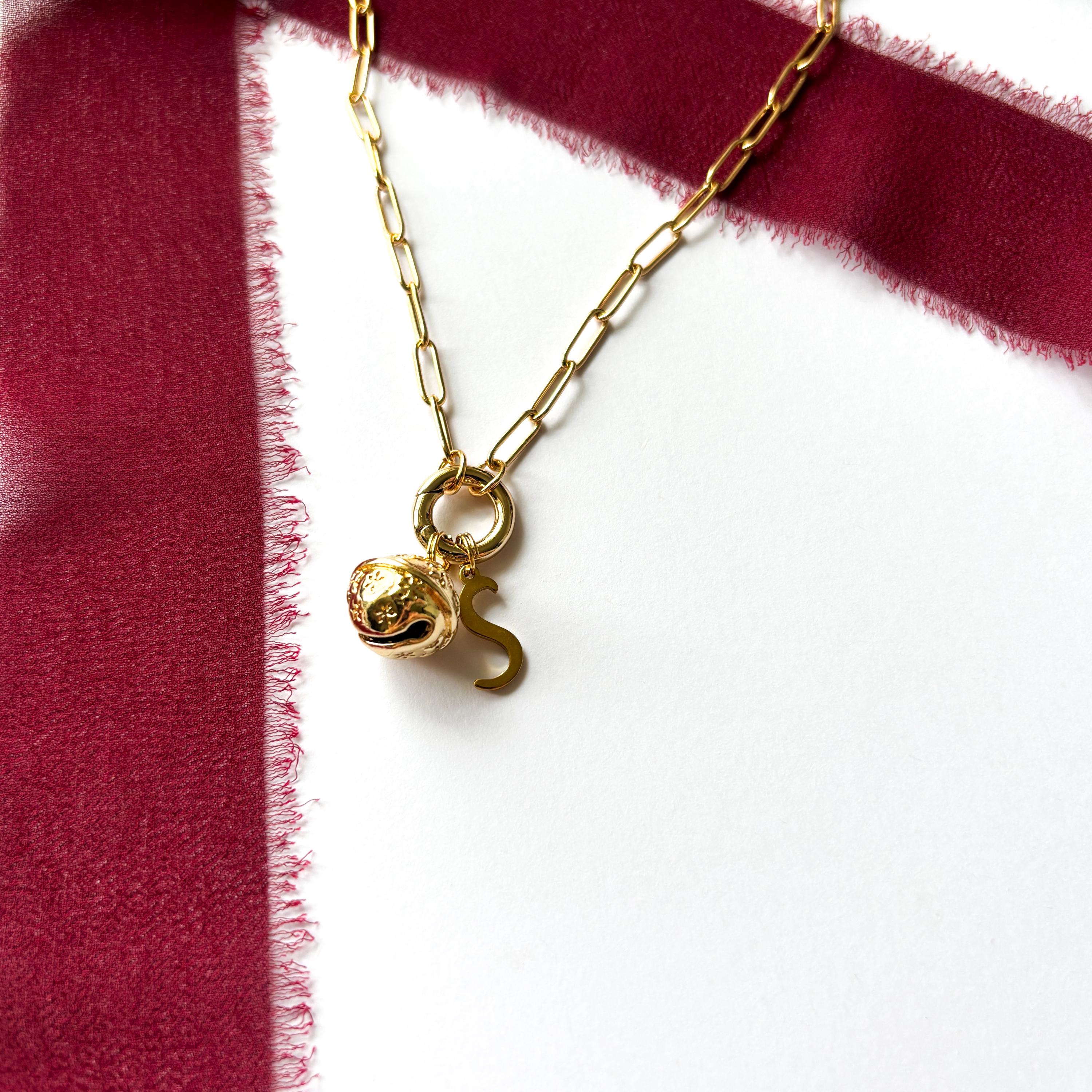 Personalised Christmas Bell Necklace, Letter Charm, Paperclip Chain with Lobster & Spring Ring Clasps, Festive Jewellery