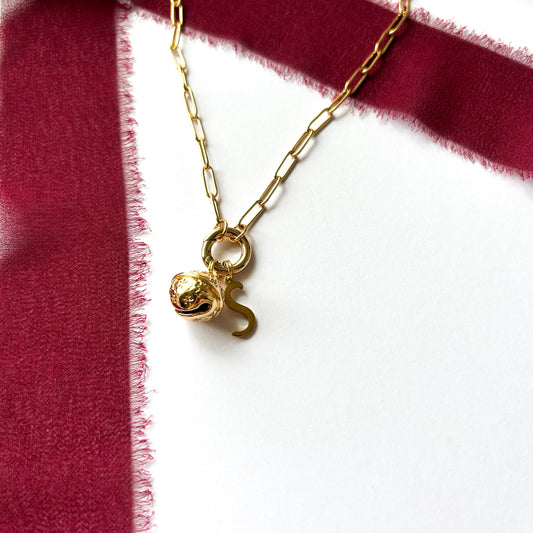 Personalised Christmas Bell Necklace, Letter Charm, Paperclip Chain with Lobster & Spring Ring Clasps, Festive Jewellery
