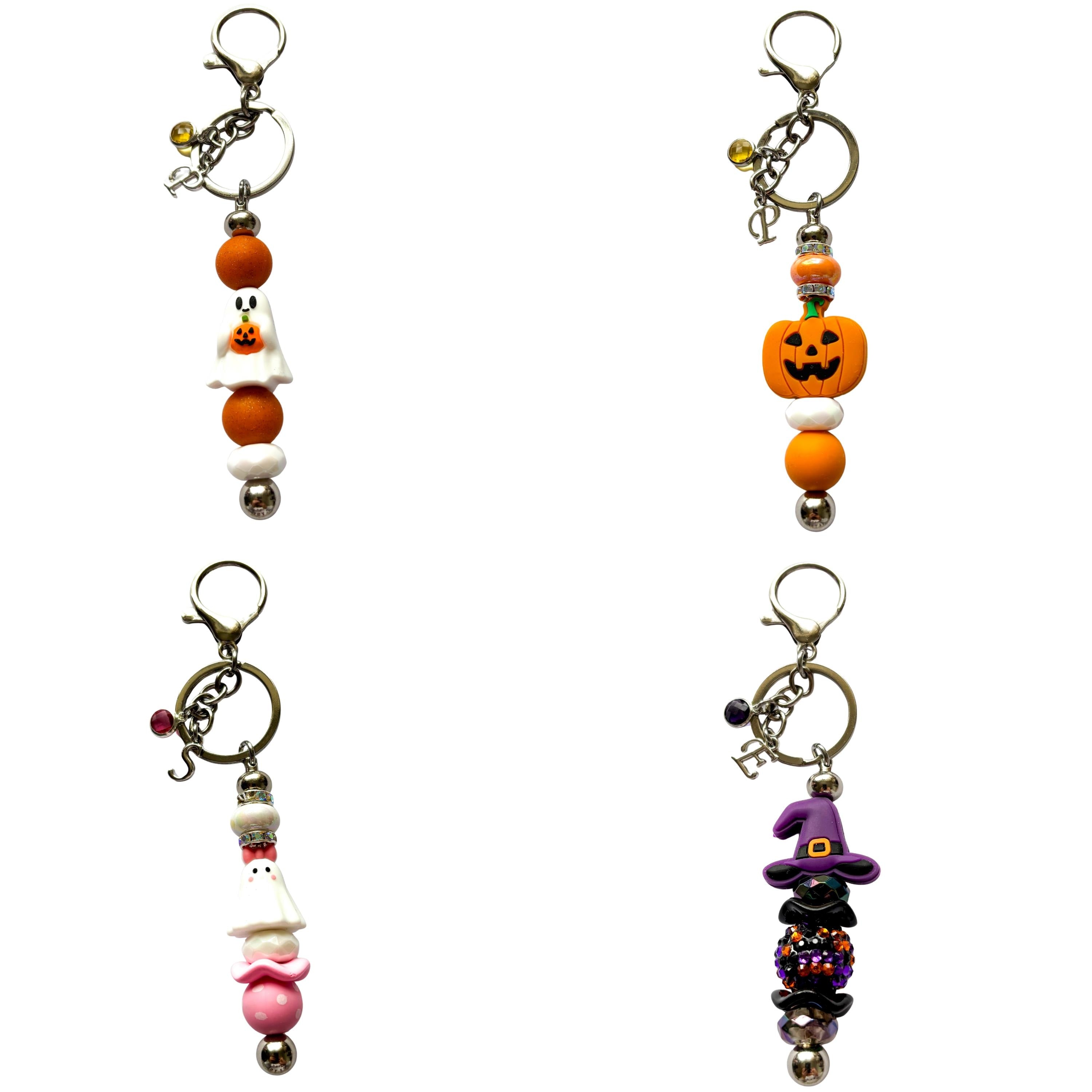 Personalised Halloween Keyring, Beaded Pumpkin, Ghost & Witch, Birthstone and Letter Charm, Spooky Gift UK