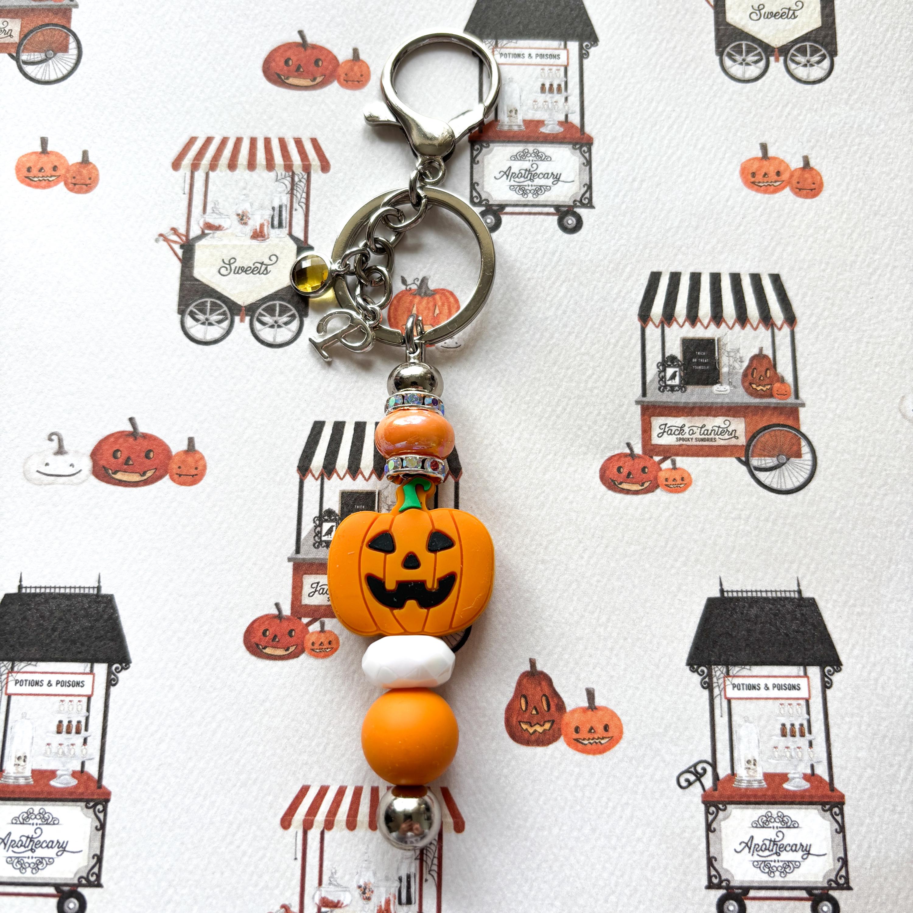 Personalised Halloween Keyring, Beaded Pumpkin, Ghost & Witch, Birthstone and Letter Charm, Spooky Gift UK