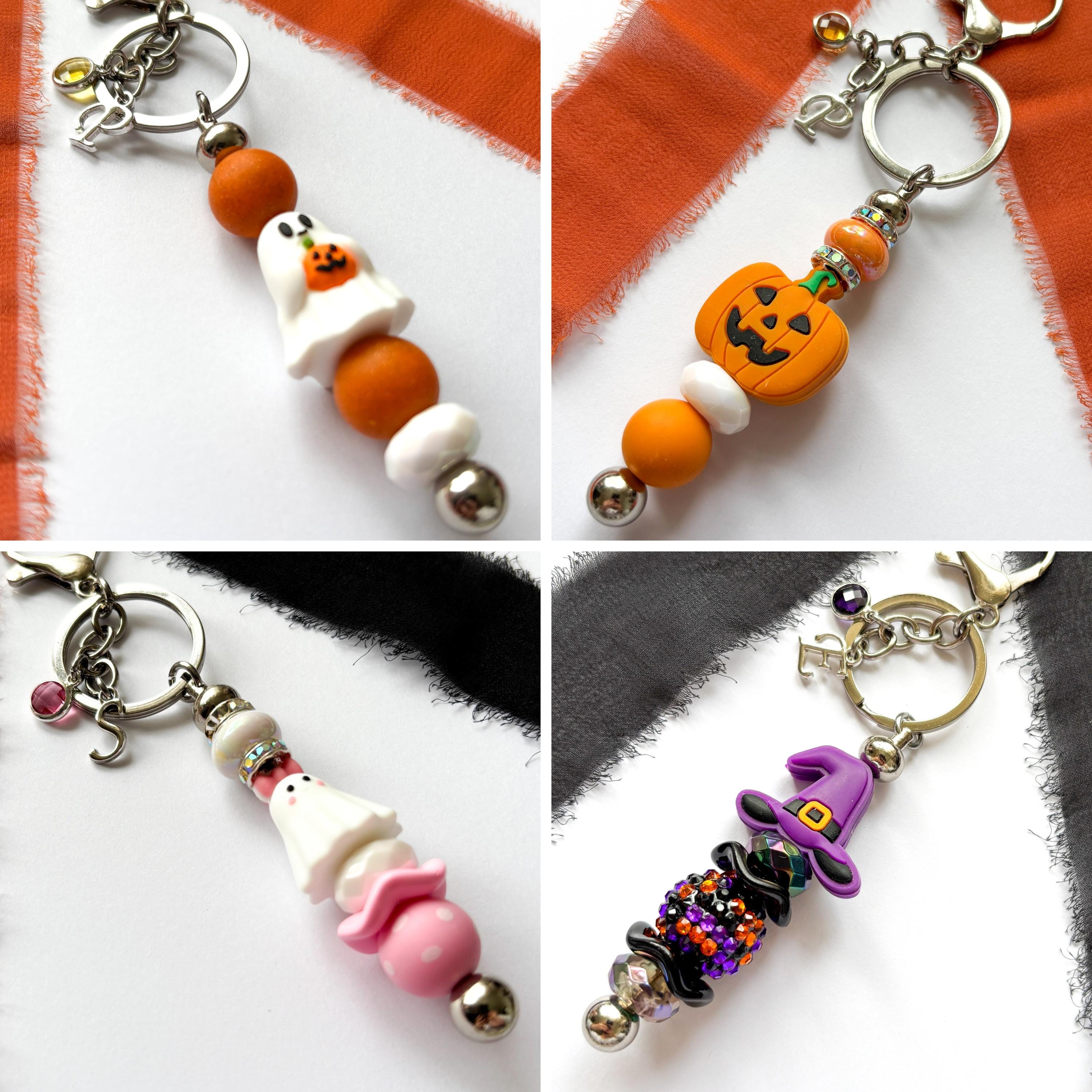 Personalised Halloween Keyring, Beaded Pumpkin, Ghost & Witch, Birthstone and Letter Charm, Spooky Gift UK