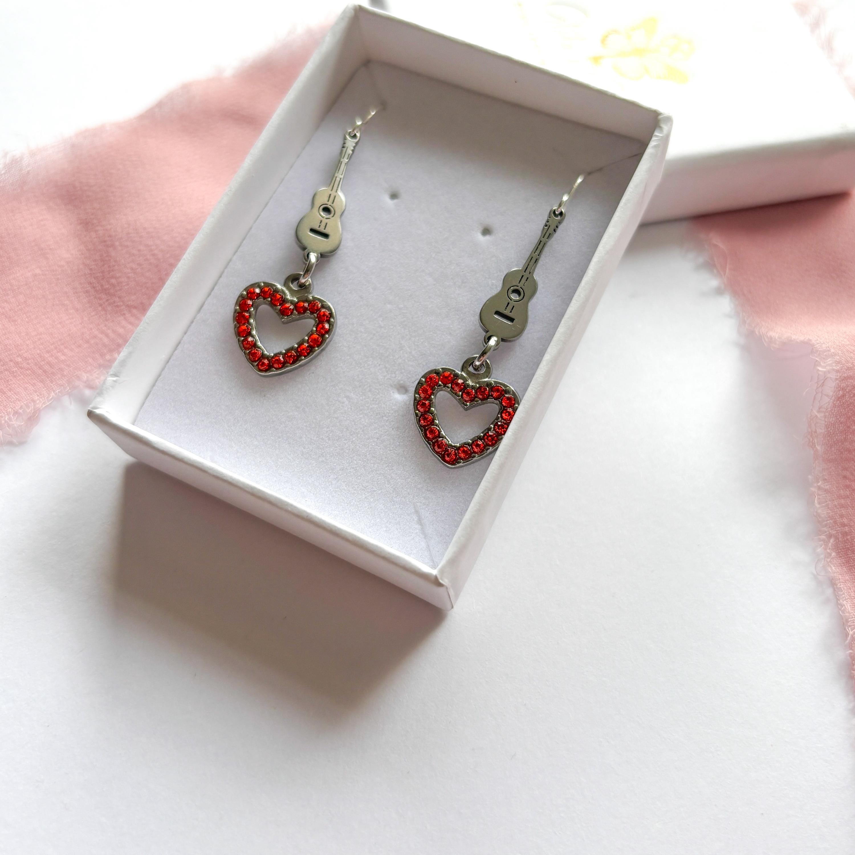 Showgirl Charm Earrings, Guitar & Orange Heart Dangle Earrings, Music Lover Gift, Performer Gift