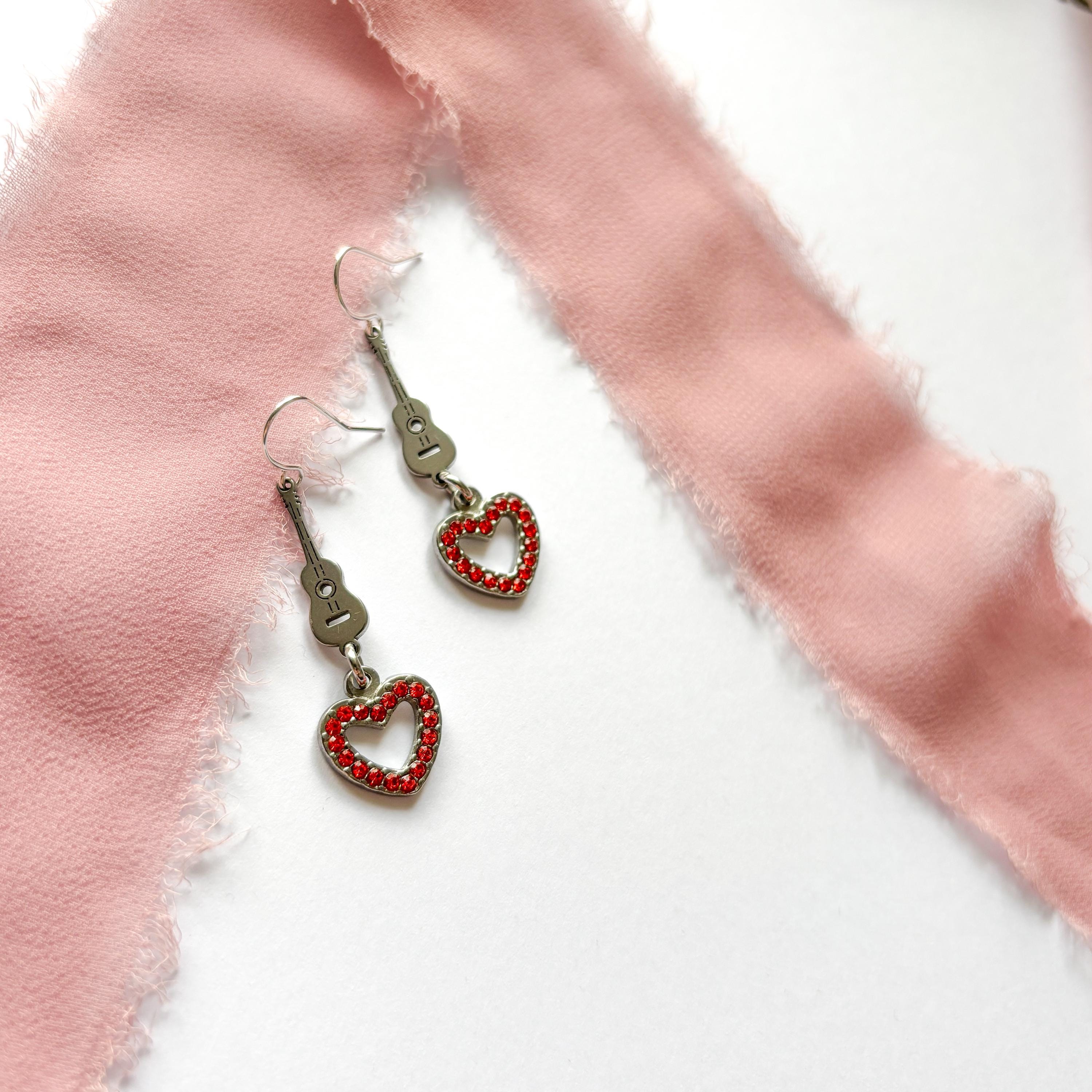 Showgirl Charm Earrings, Guitar & Orange Heart Dangle Earrings, Music Lover Gift, Performer Gift