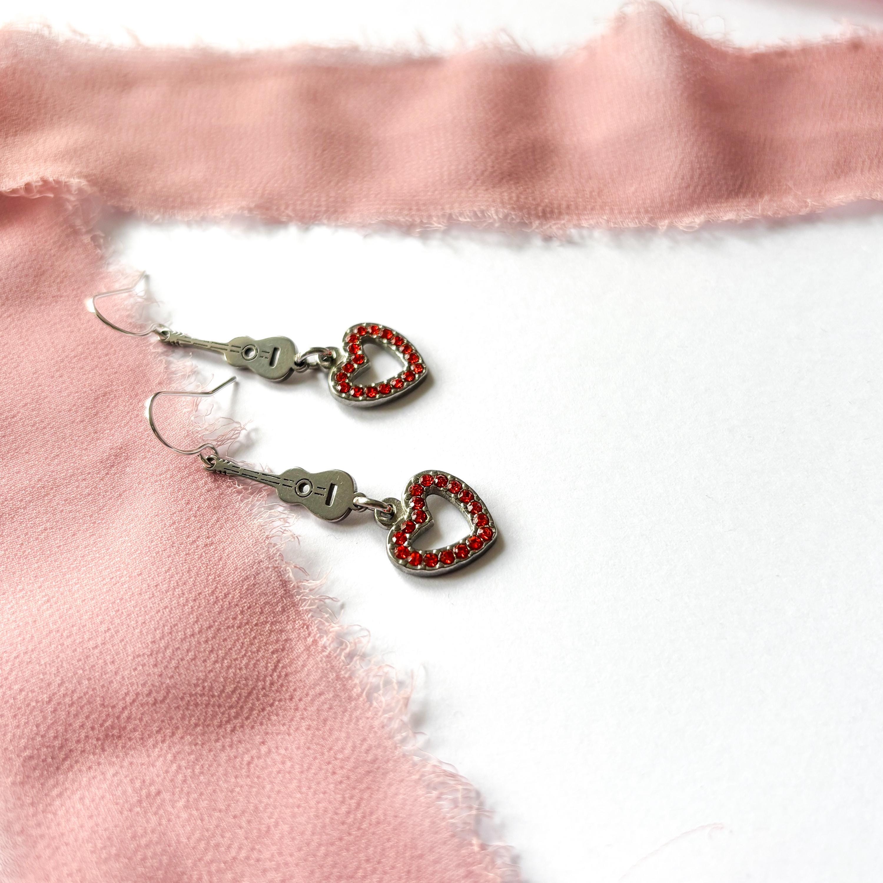 Showgirl Charm Earrings, Guitar & Orange Heart Dangle Earrings, Music Lover Gift, Performer Gift