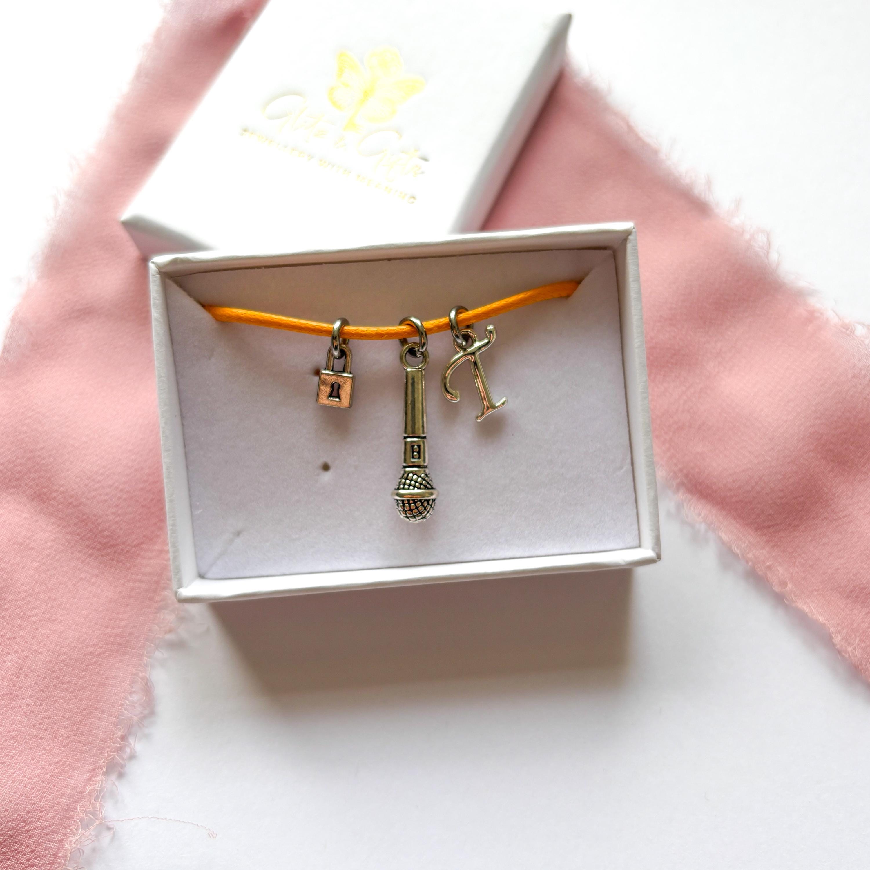 Showgirl Era Adjustable Cord Bracelet,  Lock, Microphone & Personalised Letter Charm, Cabaret Performer Jewellery