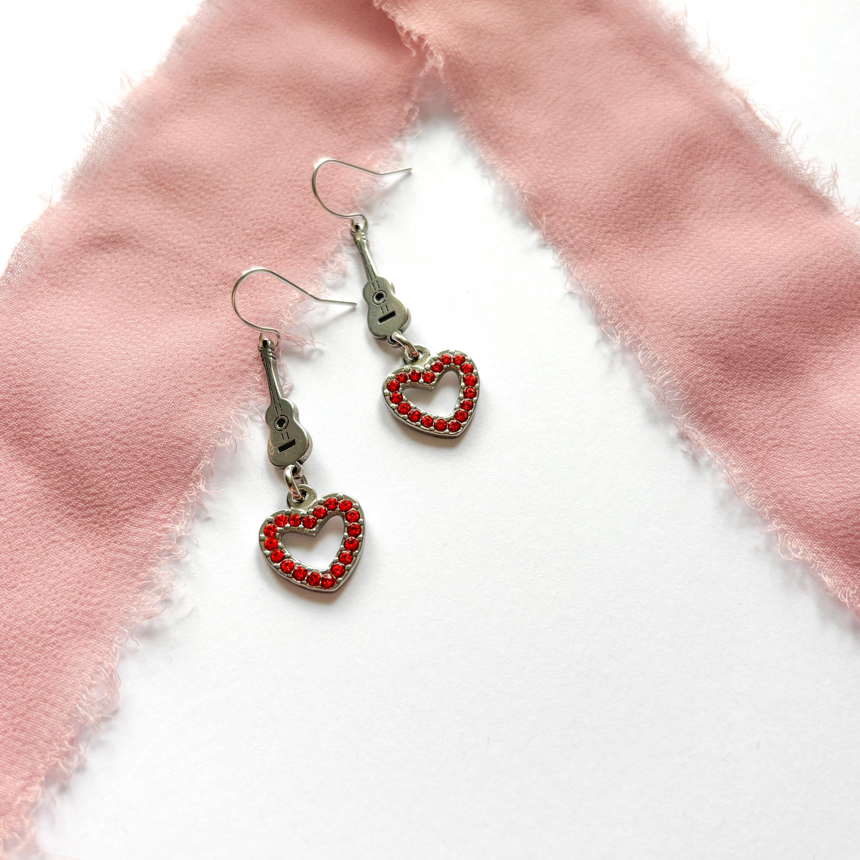 Showgirl Charm Earrings, Guitar & Orange Heart Dangle Earrings, Music Lover Gift, Performer Gift