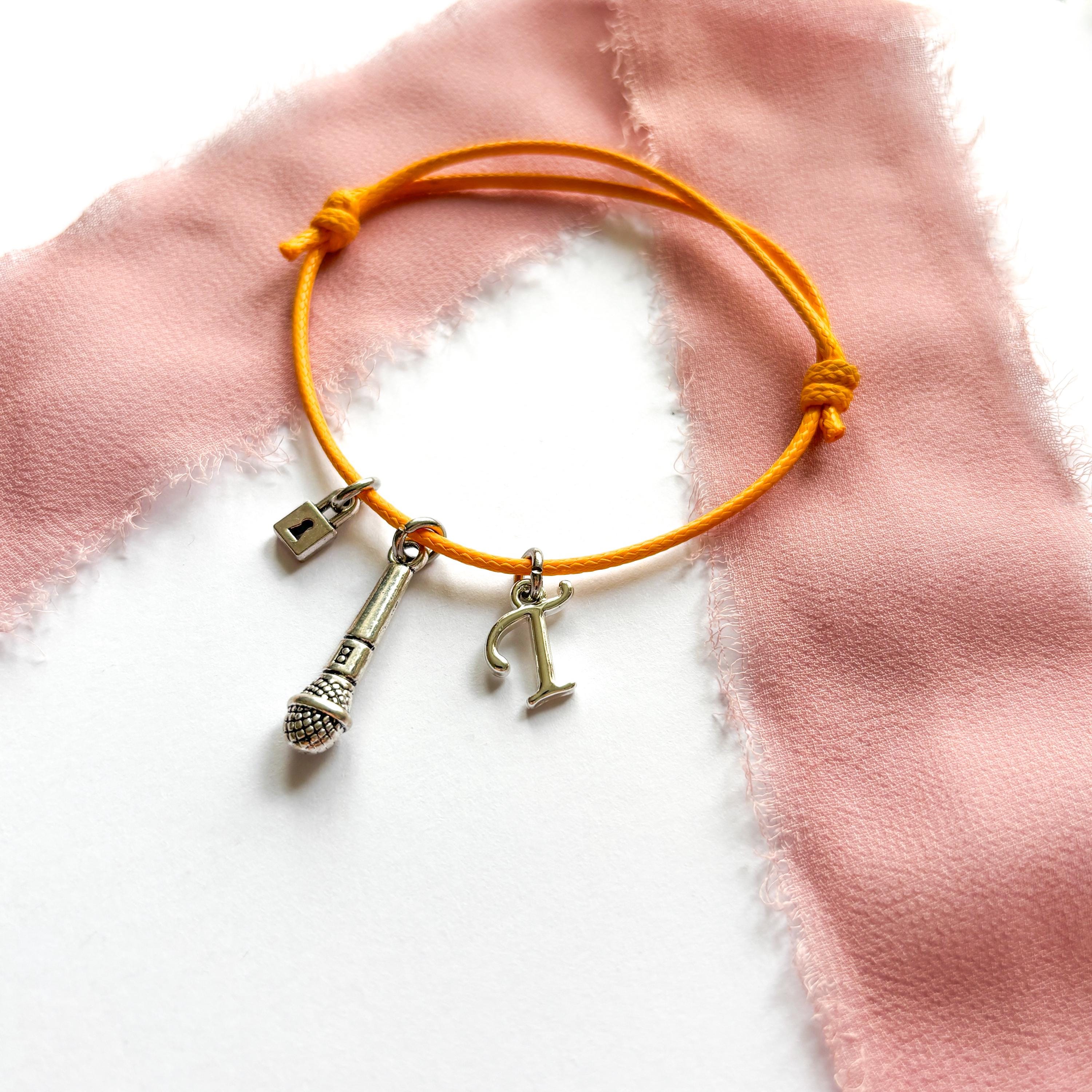 Showgirl Era Adjustable Cord Bracelet,  Lock, Microphone & Personalised Letter Charm, Cabaret Performer Jewellery