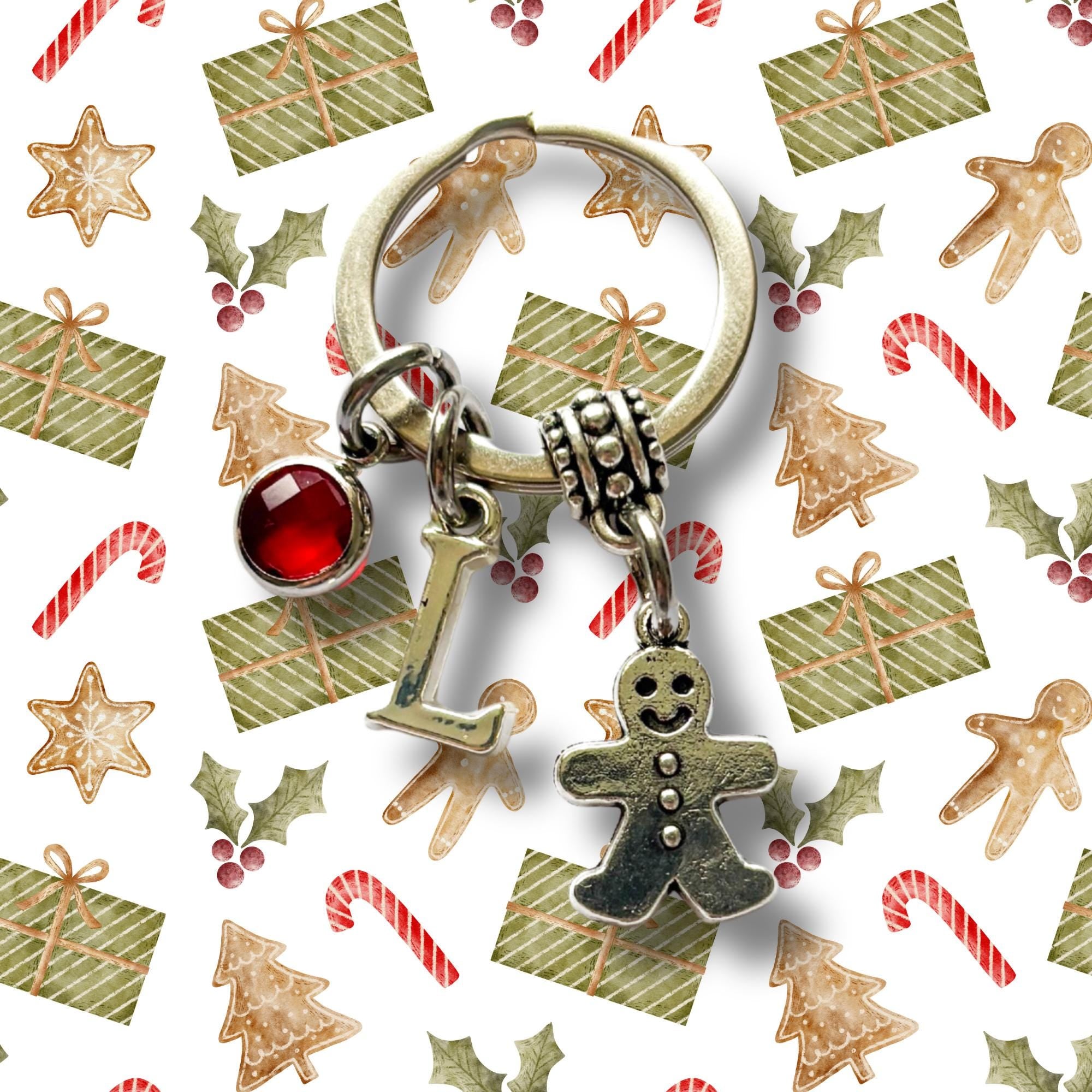 Personalised Gingerbread Keyring – Custom Birthstone & Initial Charm, Christmas Gift for Her, Cute Gingerbread Man Keychain, Stocking Filler