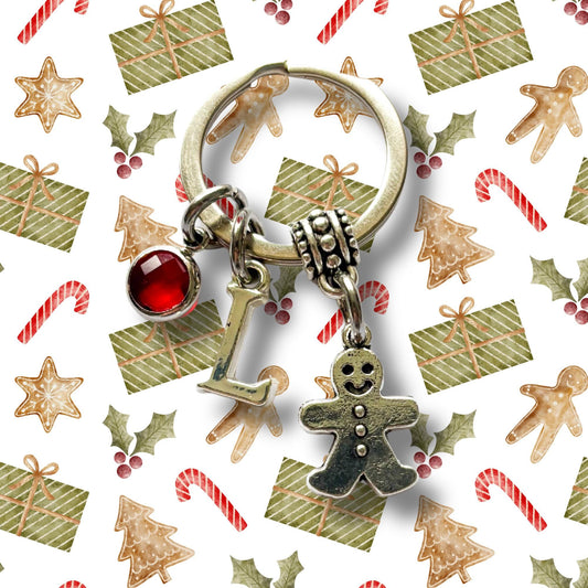 Personalised Gingerbread Keyring – Custom Birthstone & Initial Charm, Christmas Gift for Her, Cute Gingerbread Man Keychain, Stocking Filler
