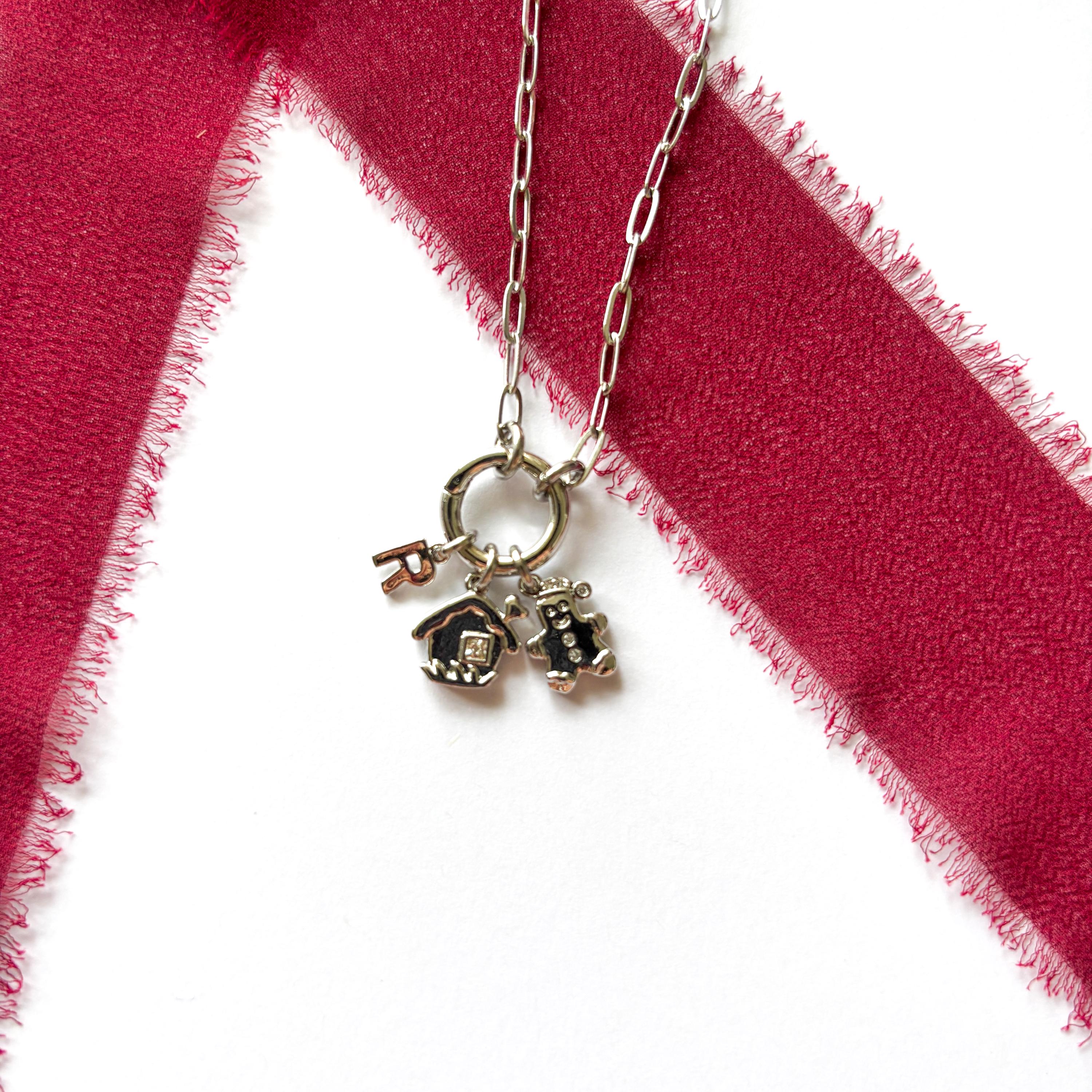 Personalised Gingerbread Christmas Necklace, Gingerbread Man & House, Paperclip Chain with Spring Ring Clasp, Personalised Gift