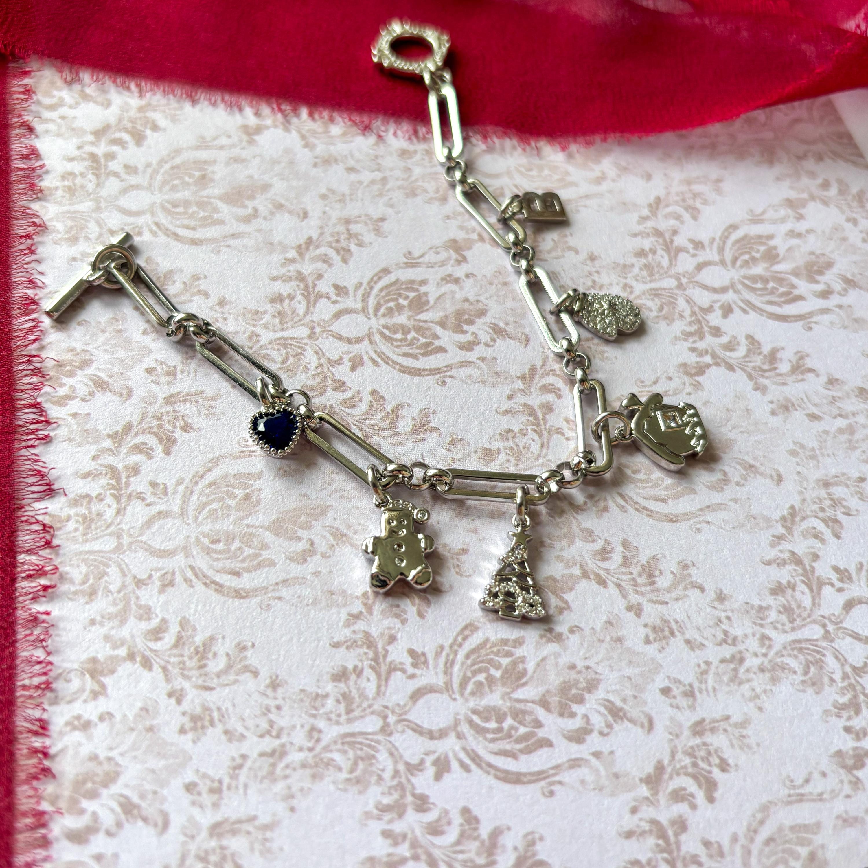 Personalised Christmas Charm Bracelet, Gingerbread Man, House and Tree Charms, Birthstone & Initial, Festive Holiday Jewellery