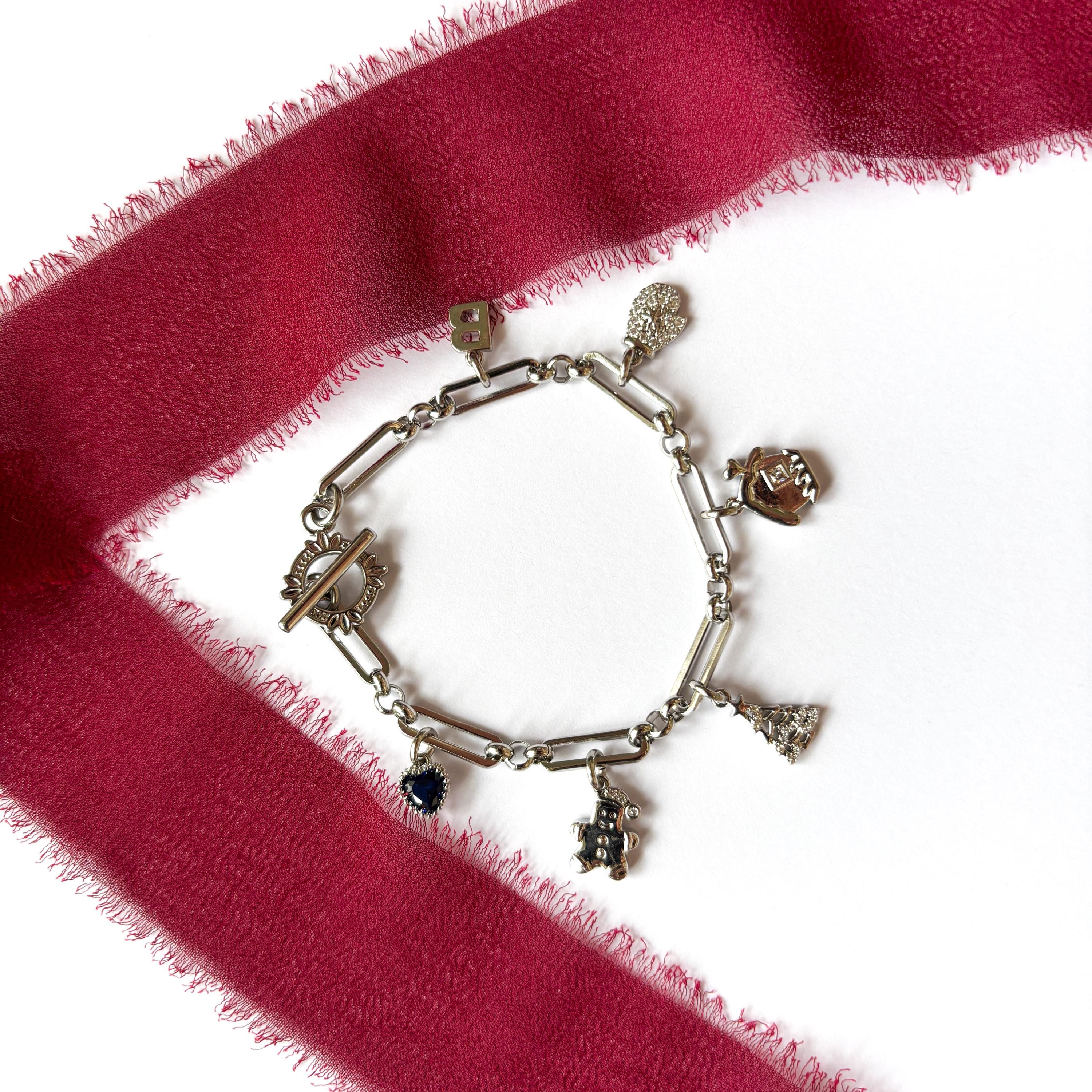 Personalised Christmas Charm Bracelet, Gingerbread Man, House and Tree Charms, Birthstone & Initial, Festive Holiday Jewellery