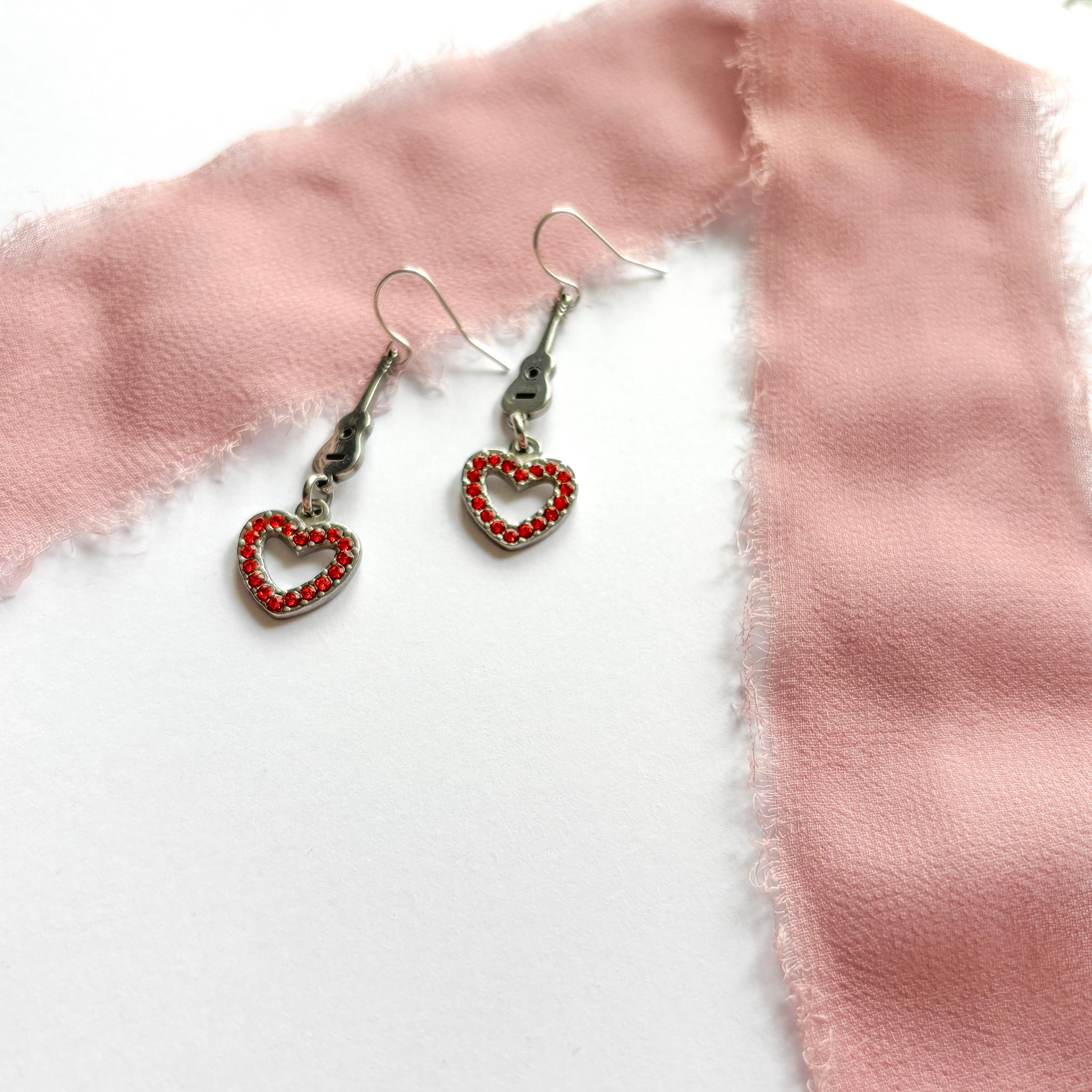 Showgirl Charm Earrings, Guitar & Orange Heart Dangle Earrings, Music Lover Gift, Performer Gift