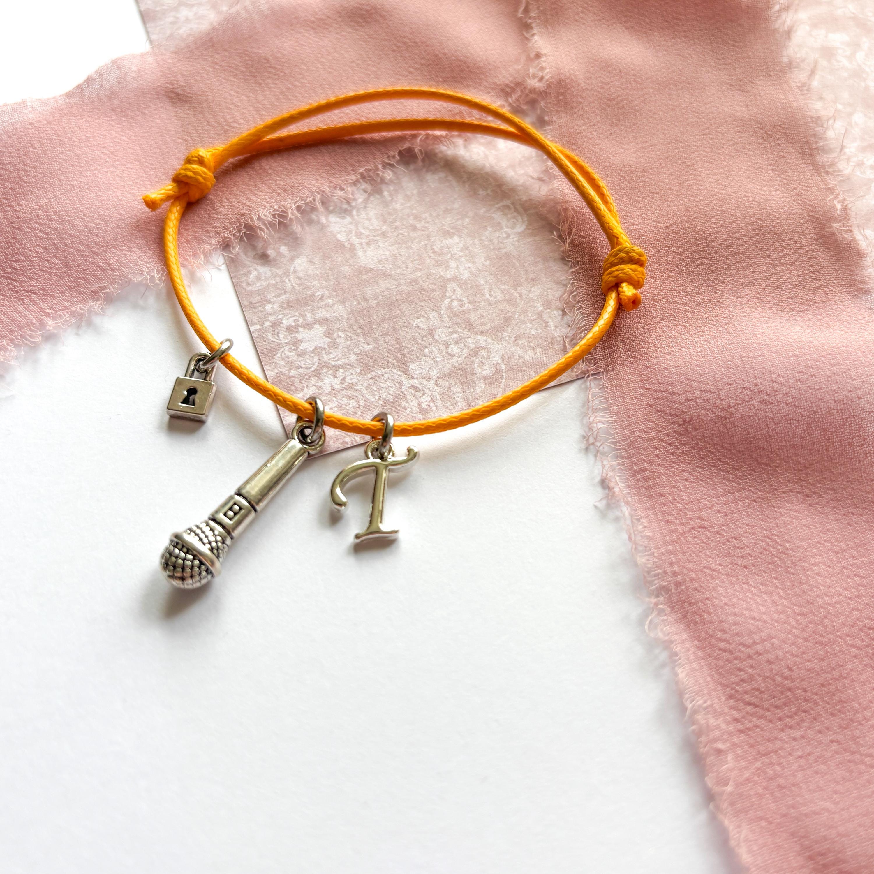 Showgirl Era Adjustable Cord Bracelet,  Lock, Microphone & Personalised Letter Charm, Cabaret Performer Jewellery