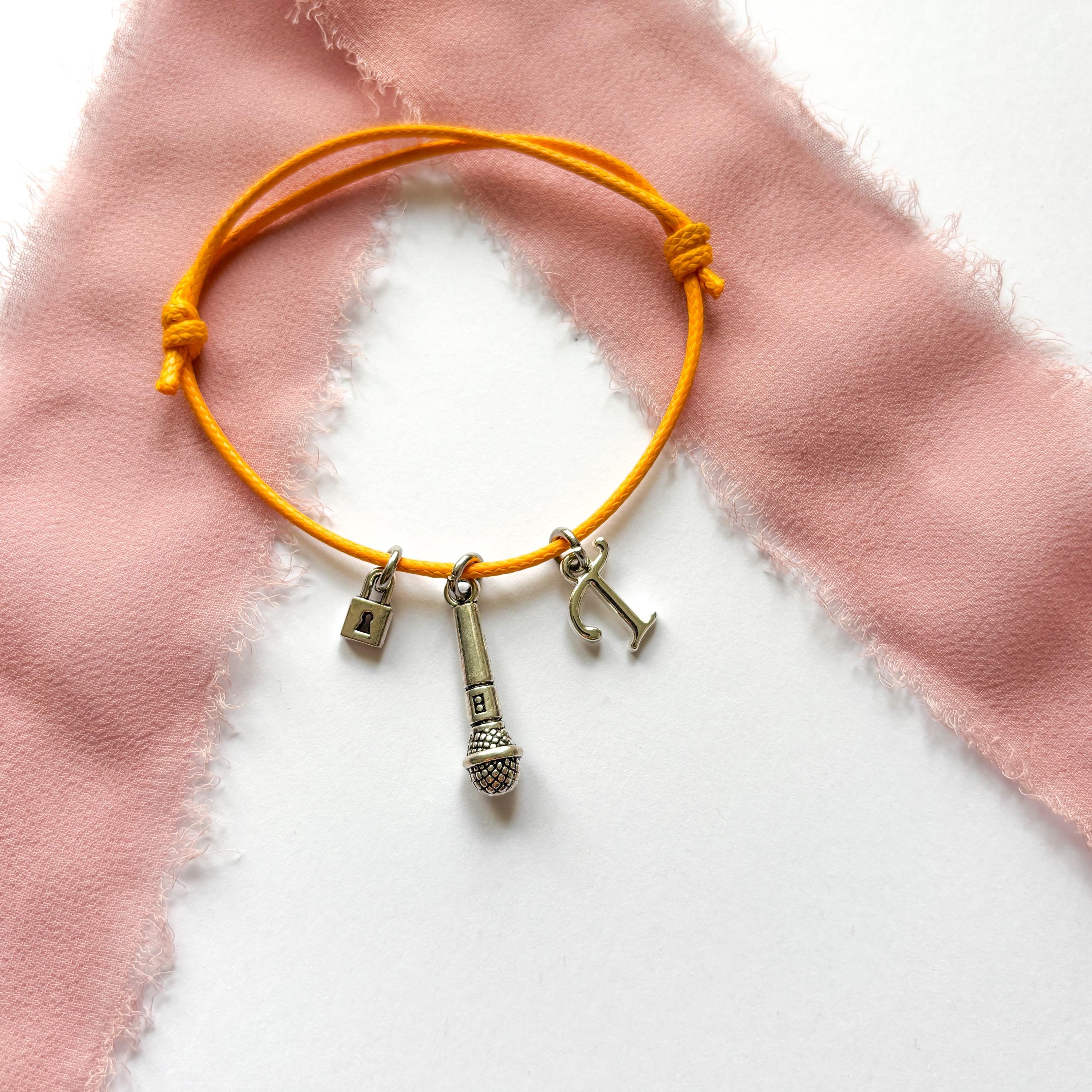 Showgirl Era Adjustable Cord Bracelet,  Lock, Microphone & Personalised Letter Charm, Cabaret Performer Jewellery