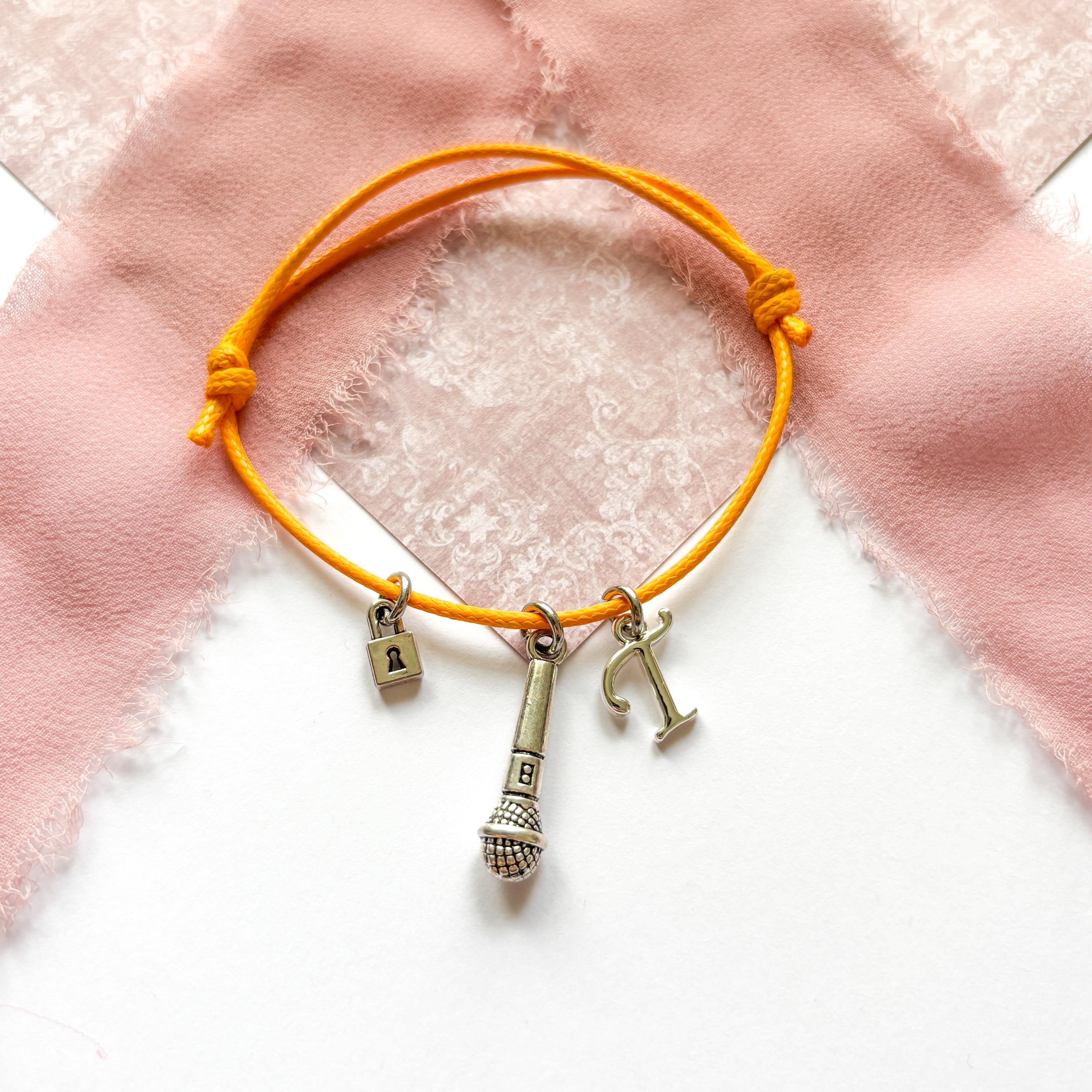 Showgirl Era Adjustable Cord Bracelet,  Lock, Microphone & Personalised Letter Charm, Cabaret Performer Jewellery