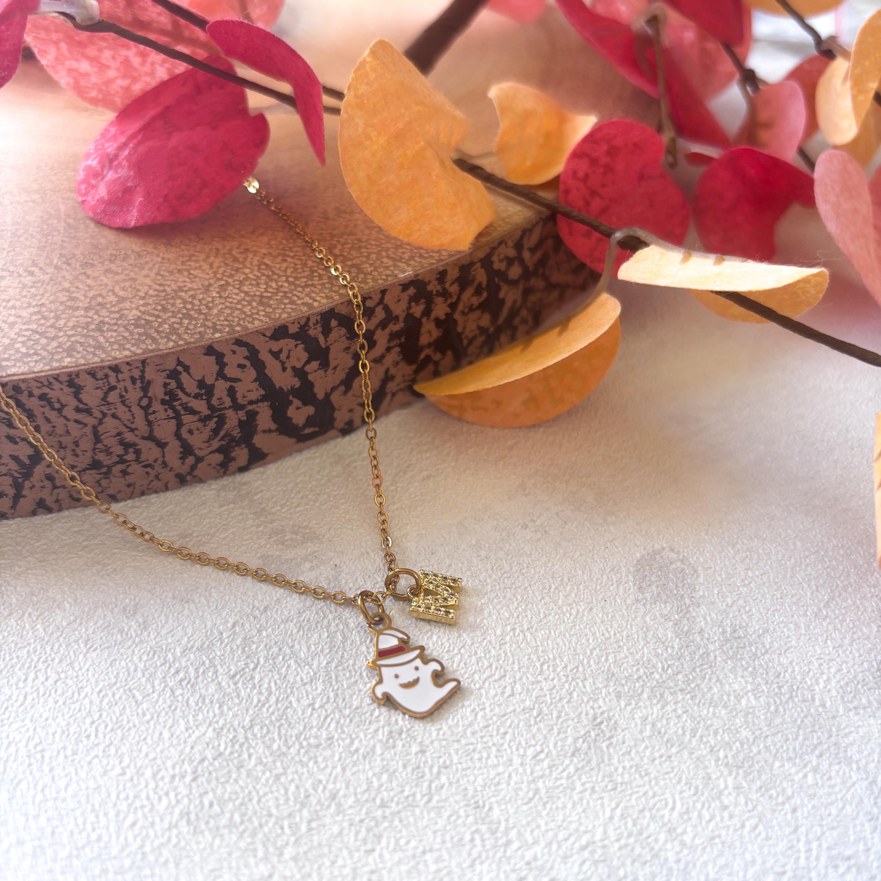 Personalised Ghost Necklace – White Enamel Ghost with Witch Hat