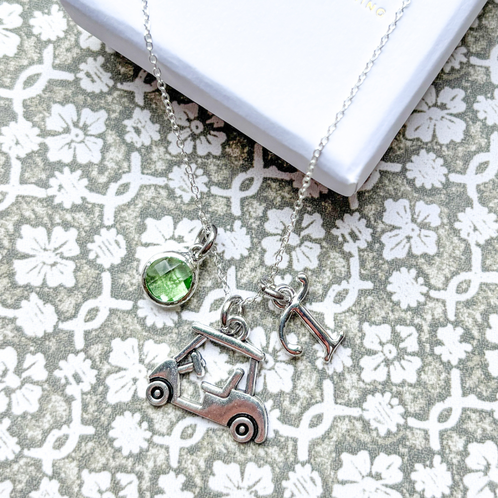 Personalised Golf Cart Necklace Birthstone and Initial