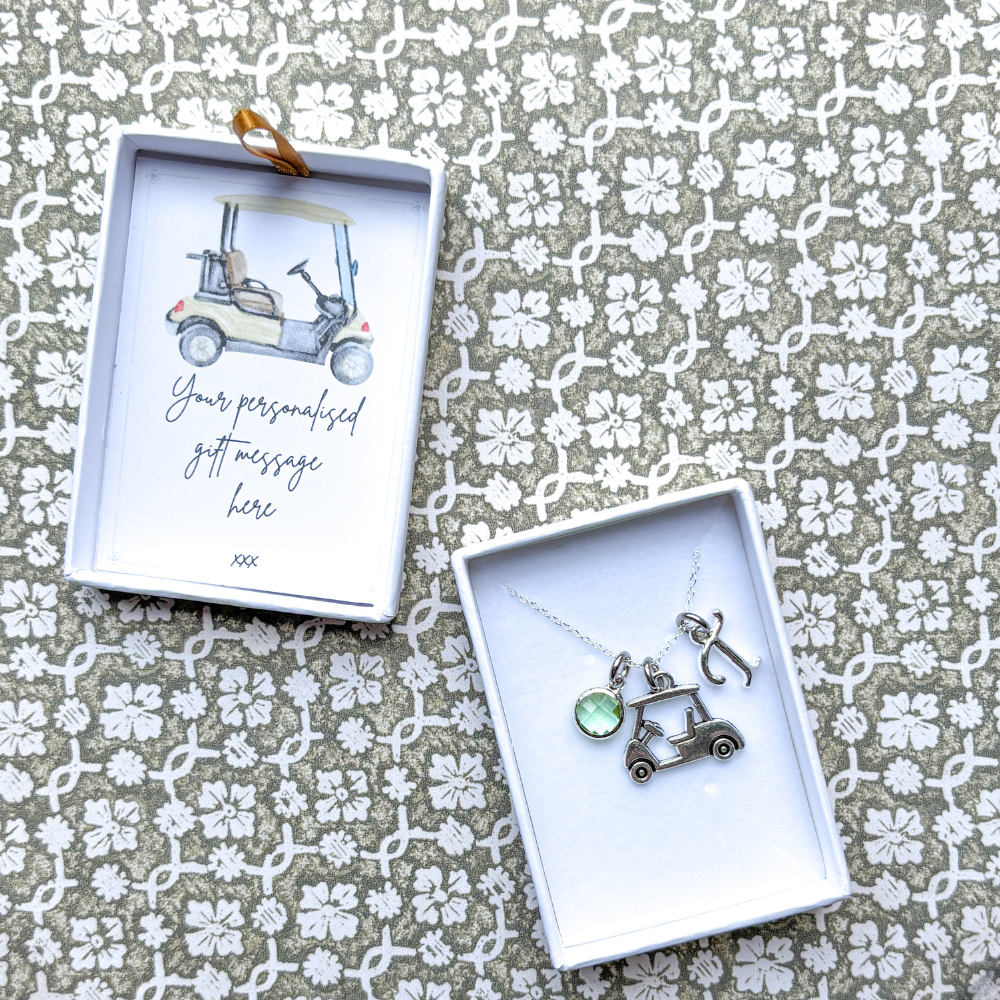 Personalised Golf Cart Necklace Birthstone and Initial