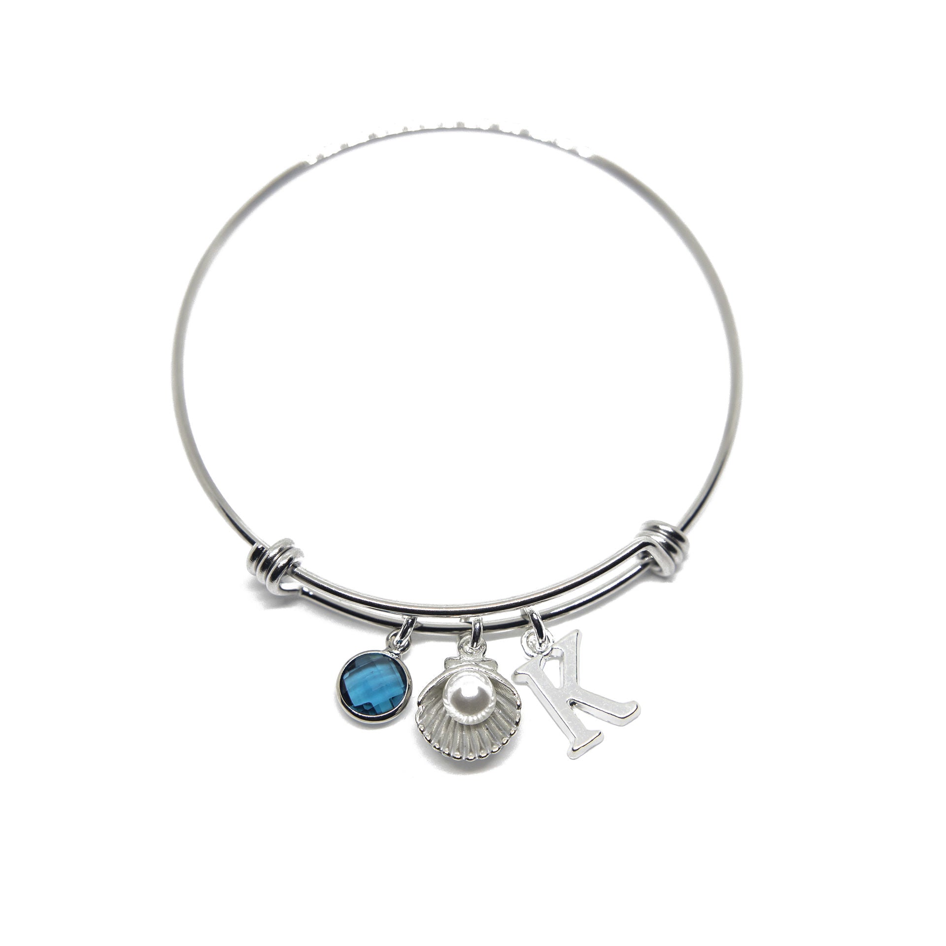 Shell bracelet, adjustable bangle, personalised gifts, birthstone and letter charms, beach ocean jewellery