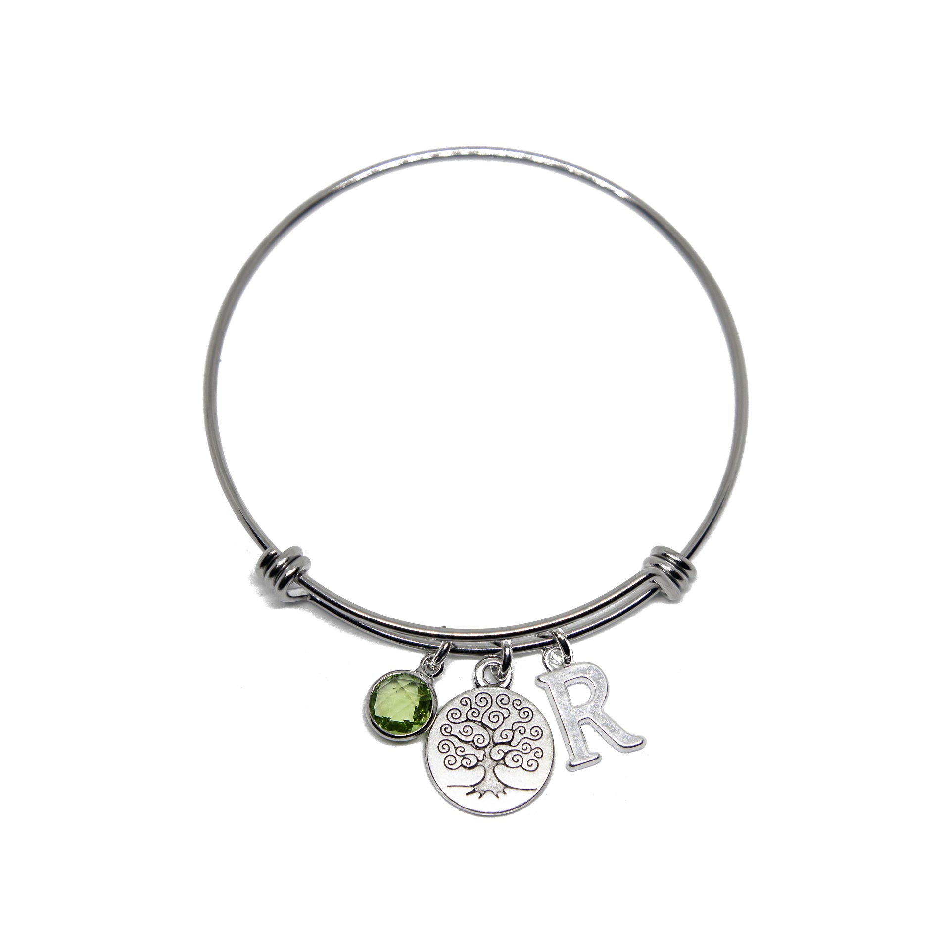 Tree bracelet, adjustable bangle, personalised gifts, birthstone and letter charms, nature family jewellery