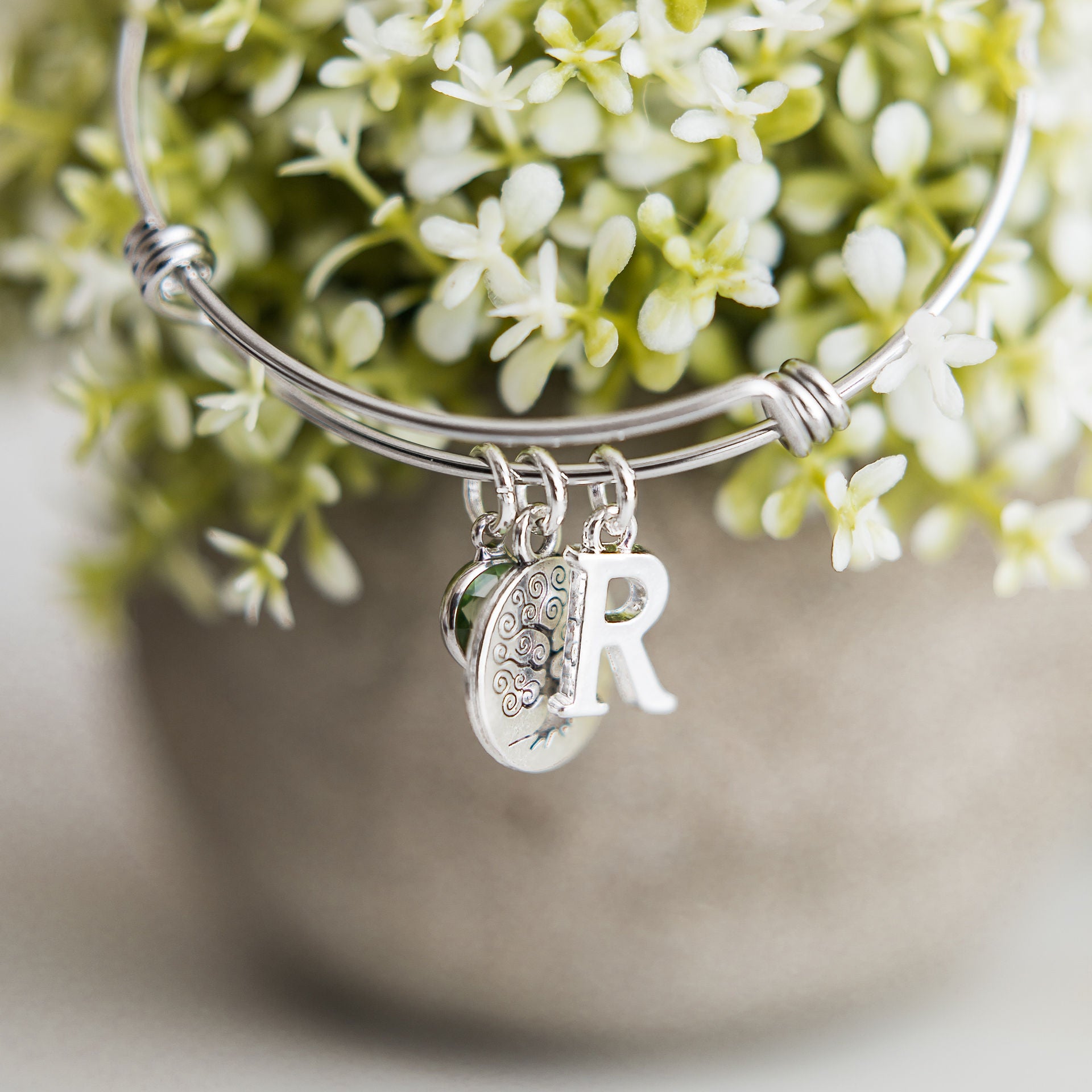 Tree bracelet, adjustable bangle, personalised gifts, birthstone and letter charms, nature family jewellery